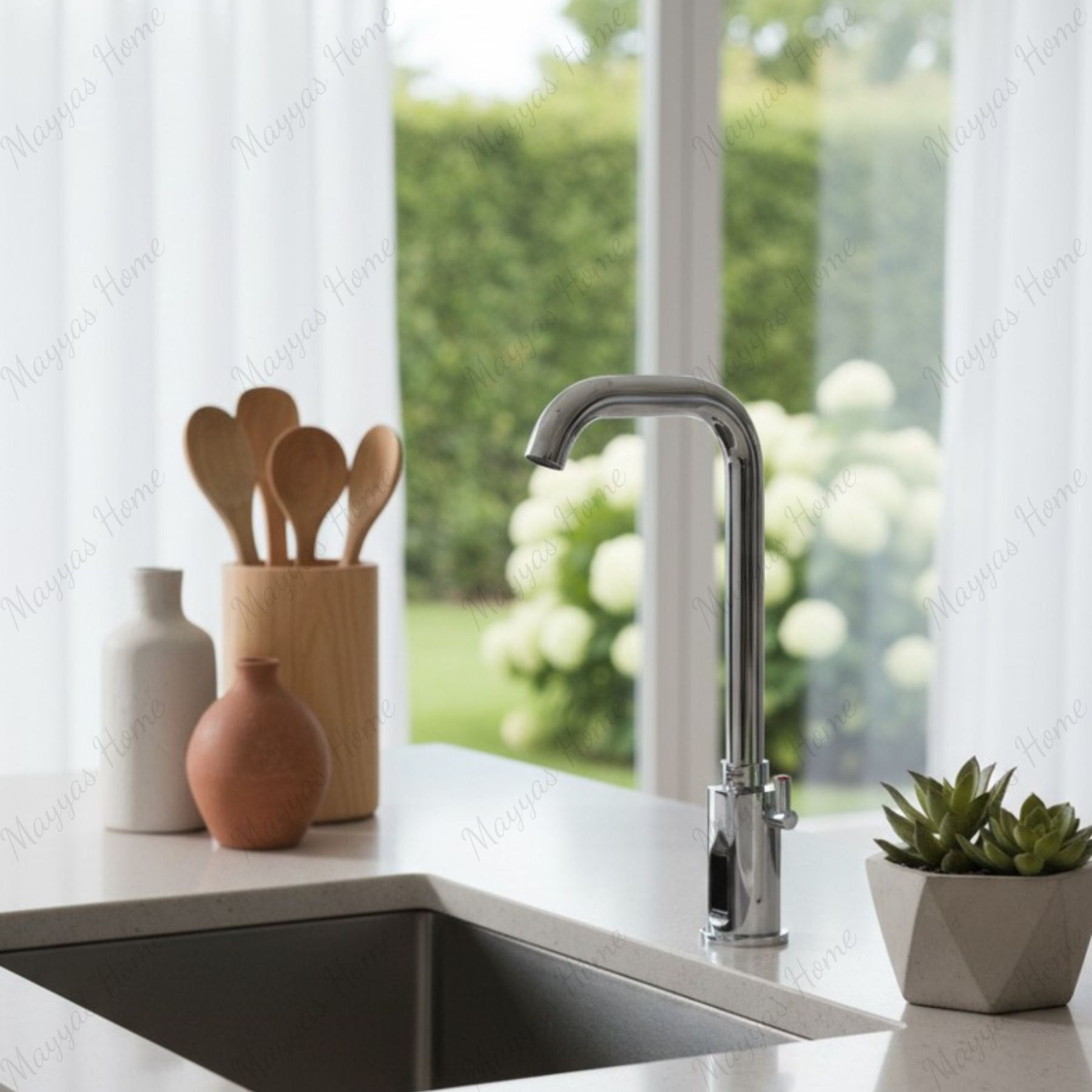 Mains-powered sensor sink mixer tap with swivel spout and luxury finishes. Touchless, water-saving faucet for premium UAE bathrooms and washrooms.