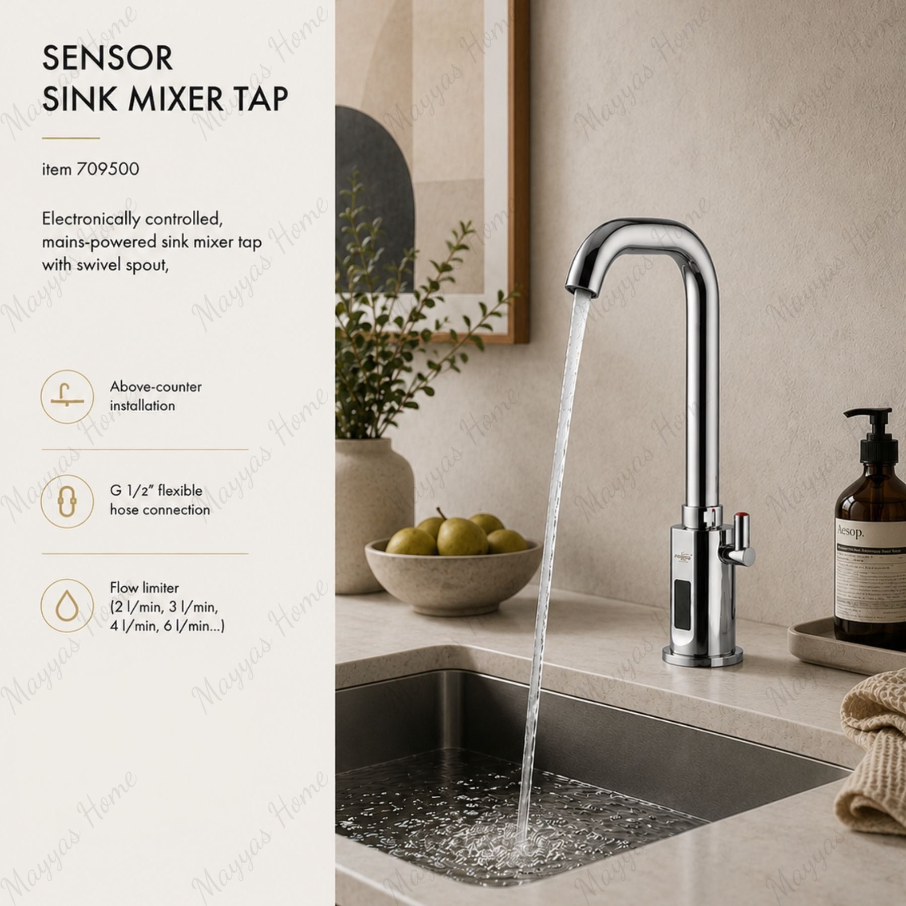 Mains-powered sensor sink mixer tap with swivel spout and luxury finishes. Touchless, water-saving faucet for premium UAE bathrooms and washrooms.