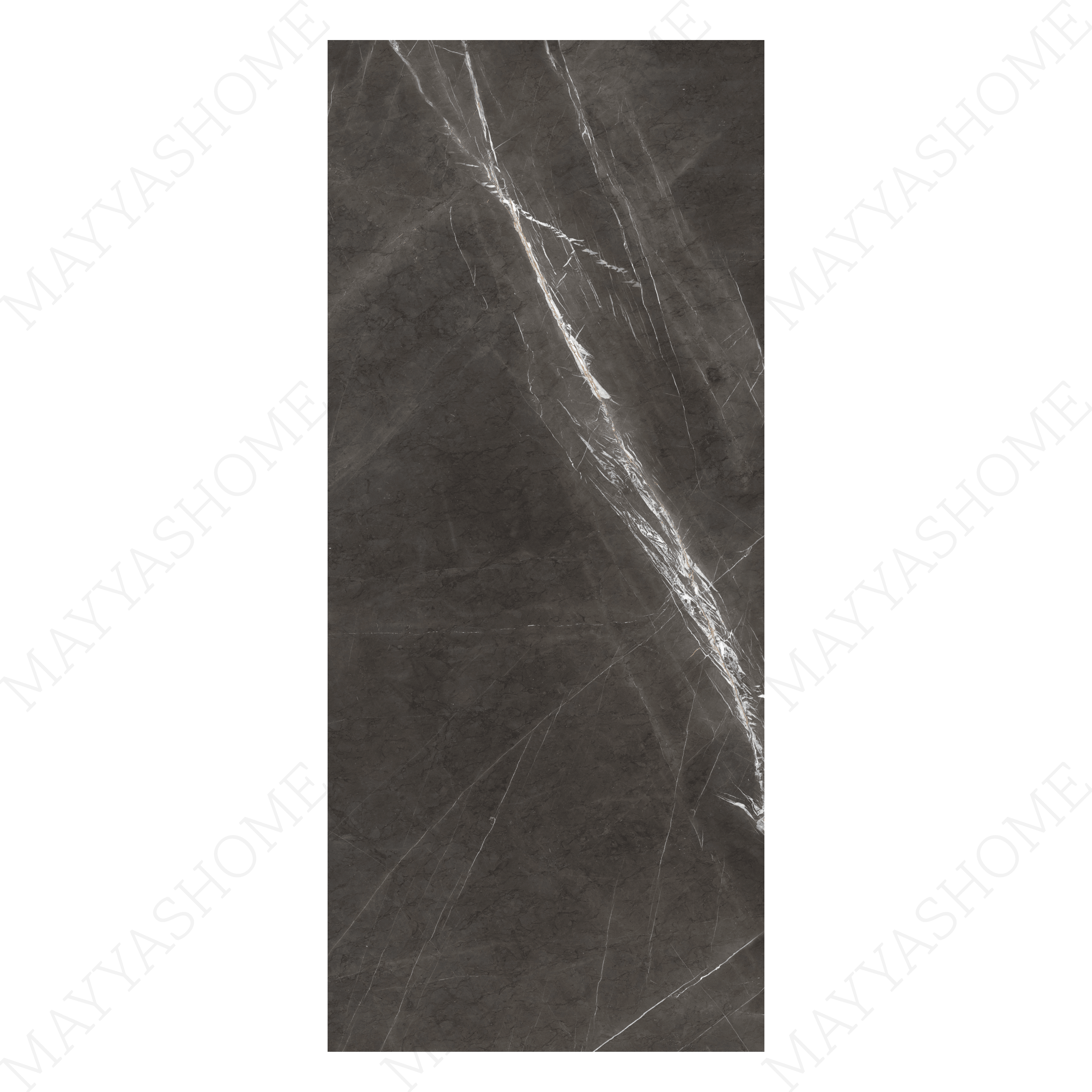 Marquina Grey book-match glossy porcelain tile 120x280cm. Striking white veining on grey with 09mm thickness, ideal for luxury interiors.