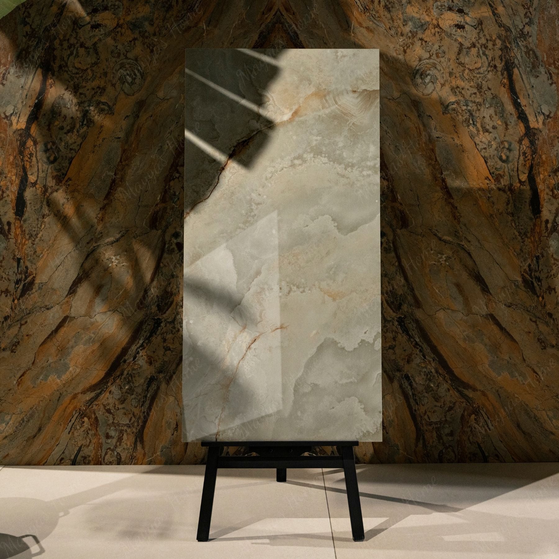 Misty Moss glossy stone look porcelain tile 60x120cm with 9mm thickness features soft earthy tones, polished surface, and durable performance for interiors.
