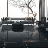 Nero Saint Laurent 120x278cm high glossy porcelain tile. Black marble look with golden veining, 09mm slab, sleek luxury finish for premium interiors.