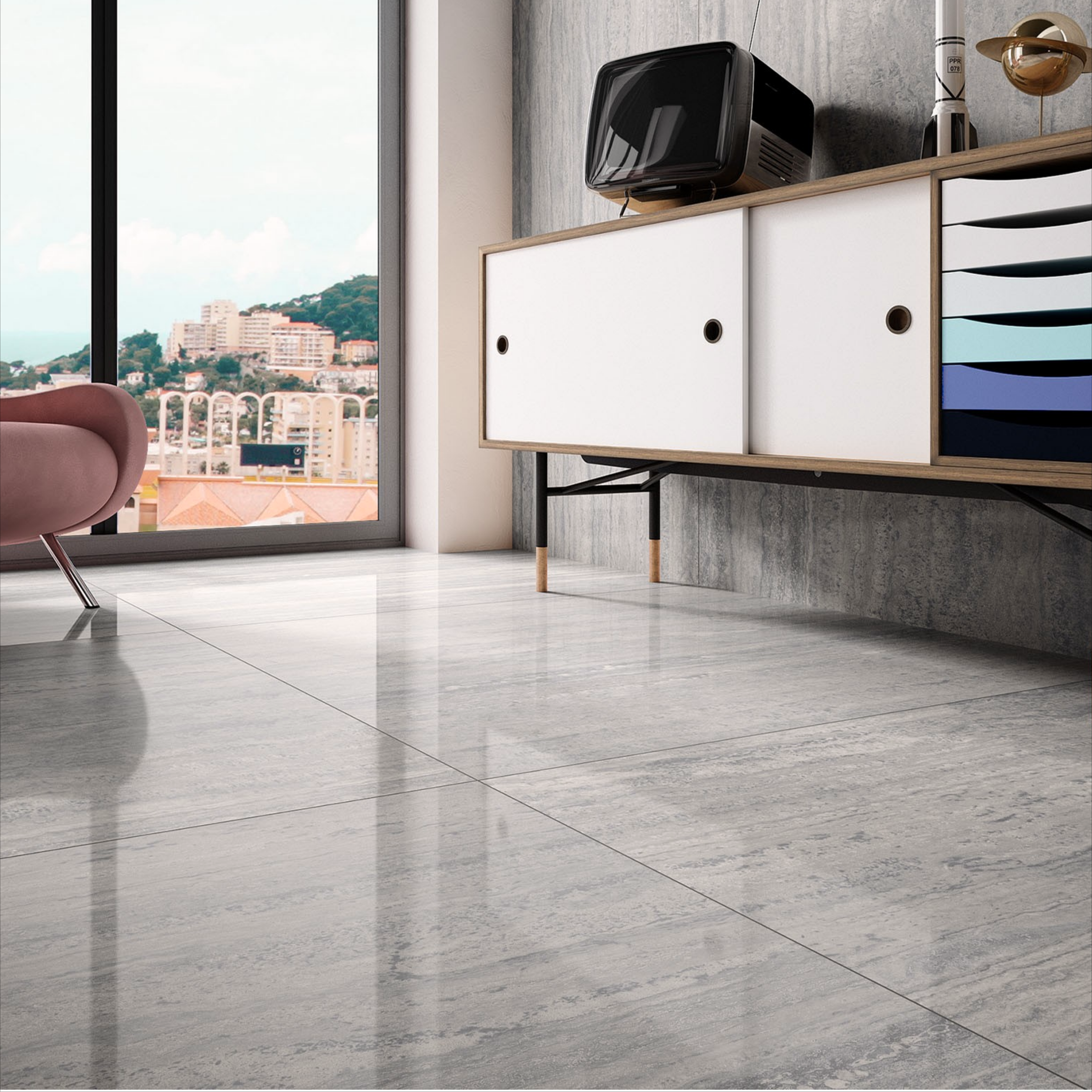 New Travertino Grey 120x240cm glossy porcelain tile with natural stone look. Durable 9mm design, perfect for elegant walls and floors.