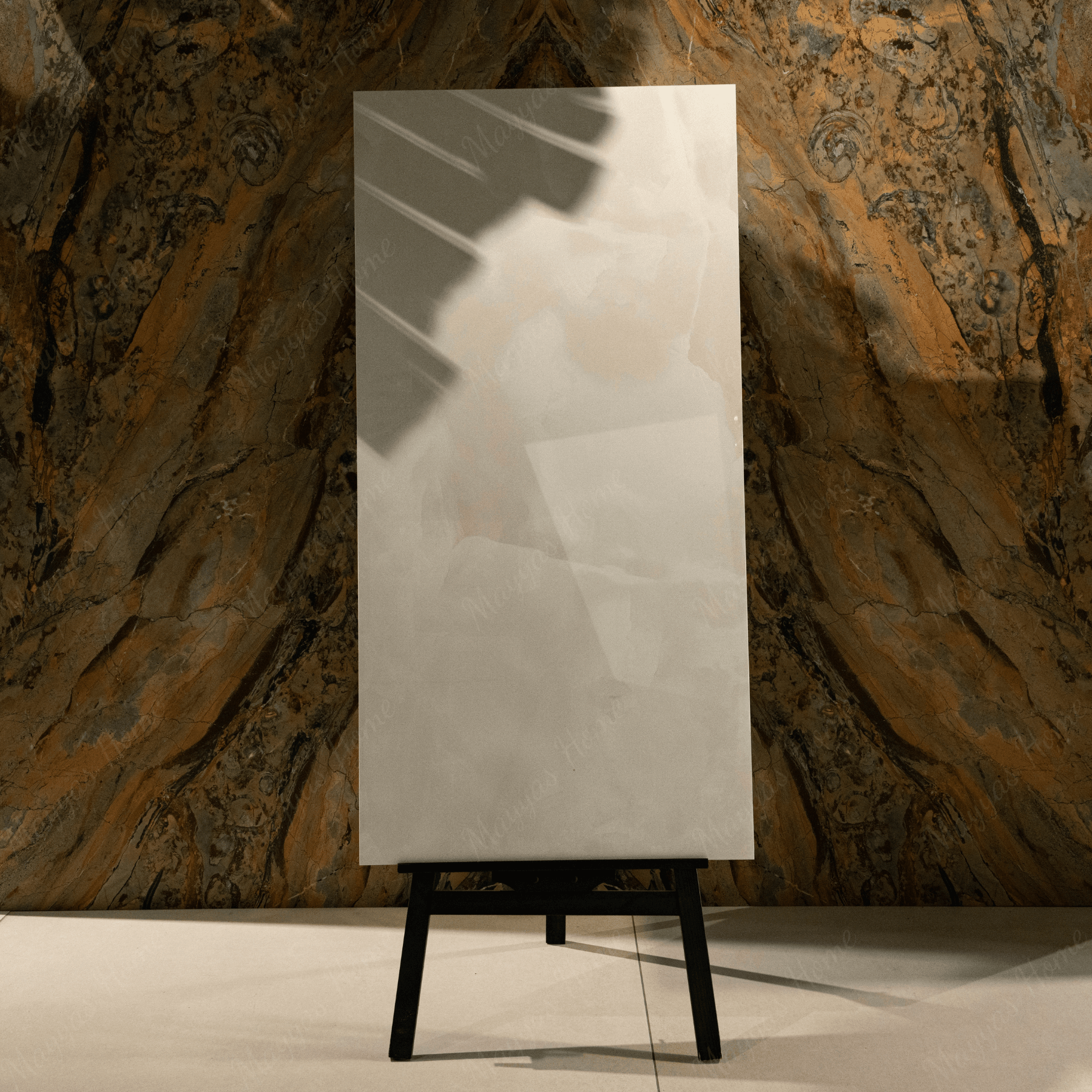Onyx Helio porcelain tile 60x120cm 9mm thickness, golden onyx marble look design, durable porcelain tile for luxury floors and walls.