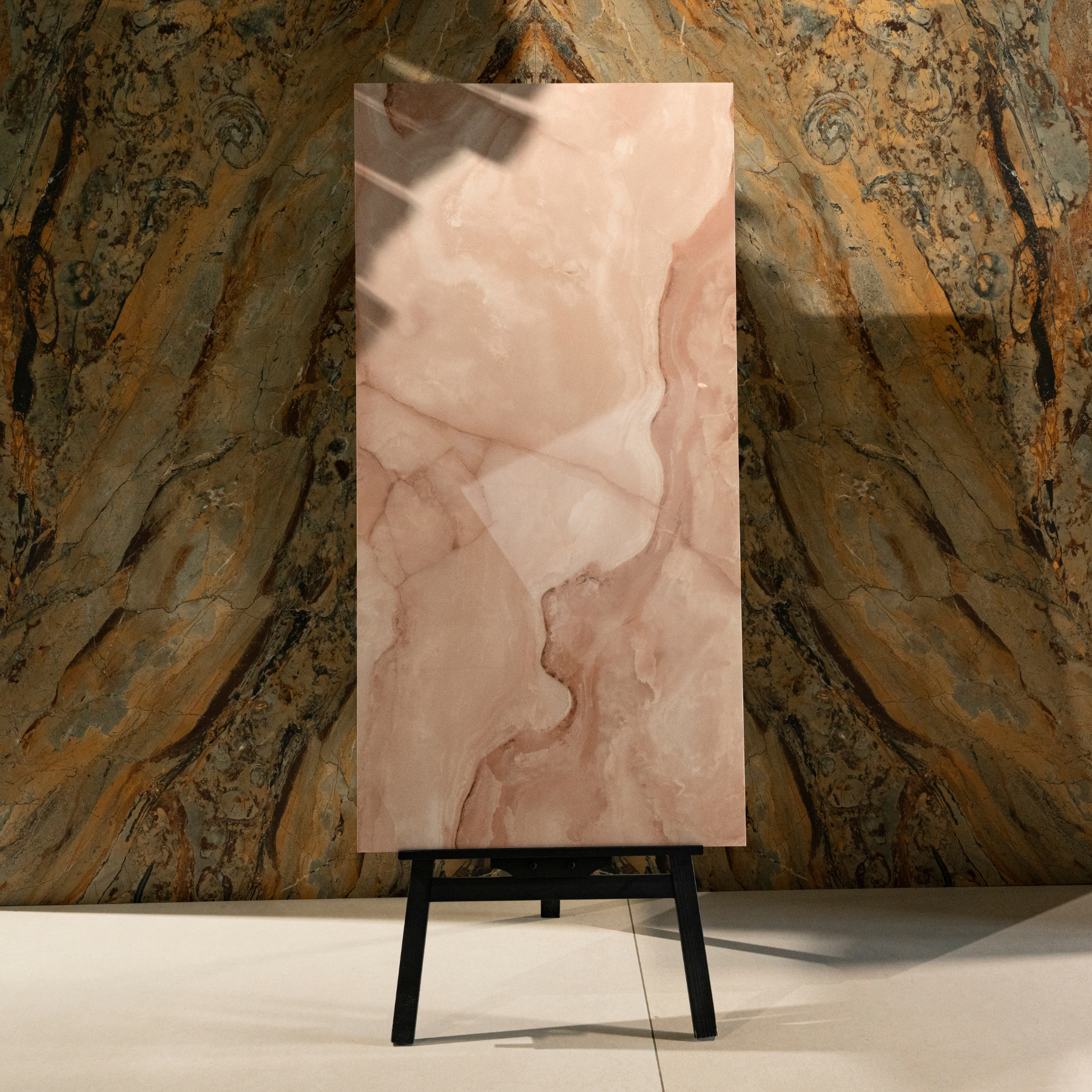 Onyx Rose porcelain tile 60x120cm 9mm thickness, rose onyx marble look design, durable porcelain tile ideal for elegant floors and walls.