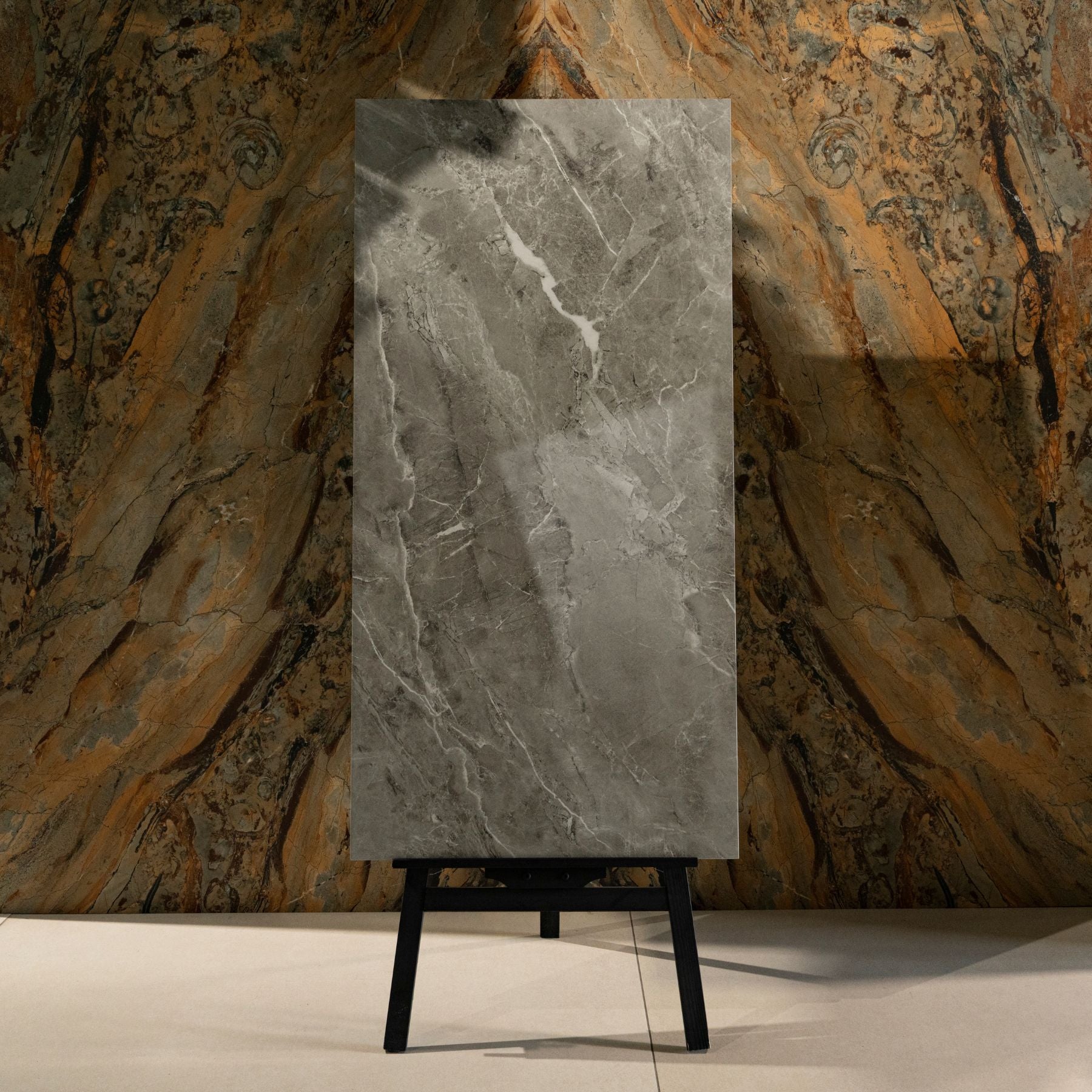 Opel Gris glossy porcelain tile 60x120cm with 9mm thickness features elegant grey tones, refined surface texture and luxurious polished finish.