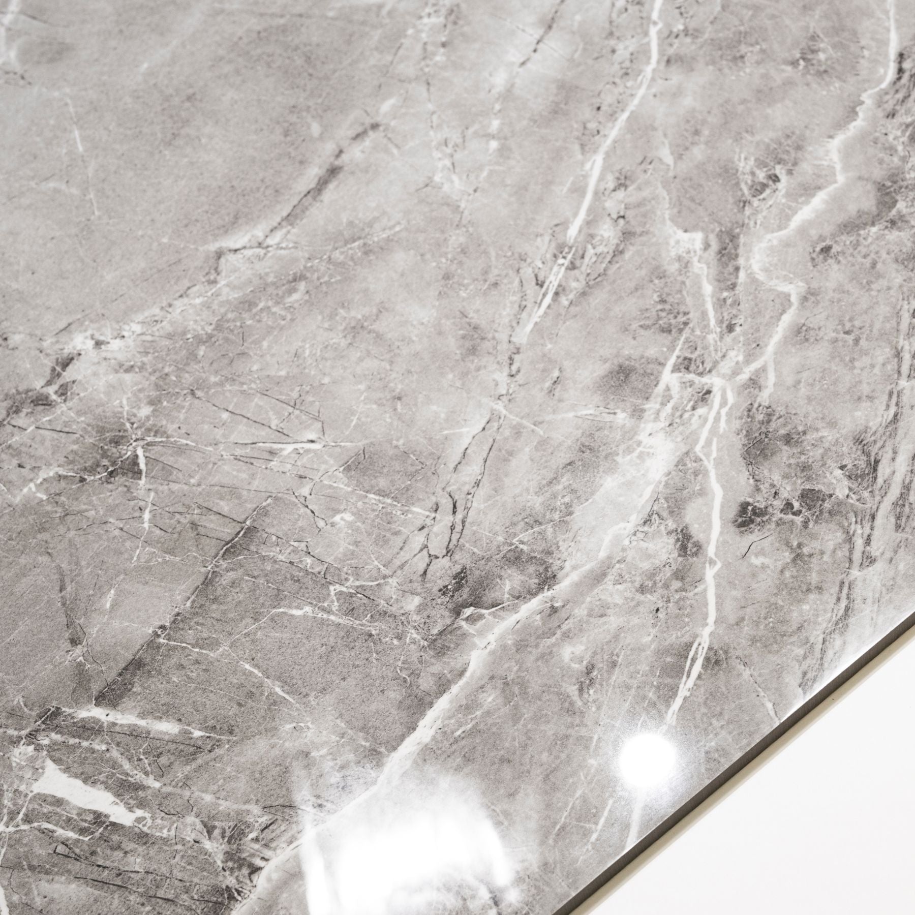 Opel Gris glossy porcelain tile 60x120cm with 9mm thickness features elegant grey tones, refined surface texture and luxurious polished finish.