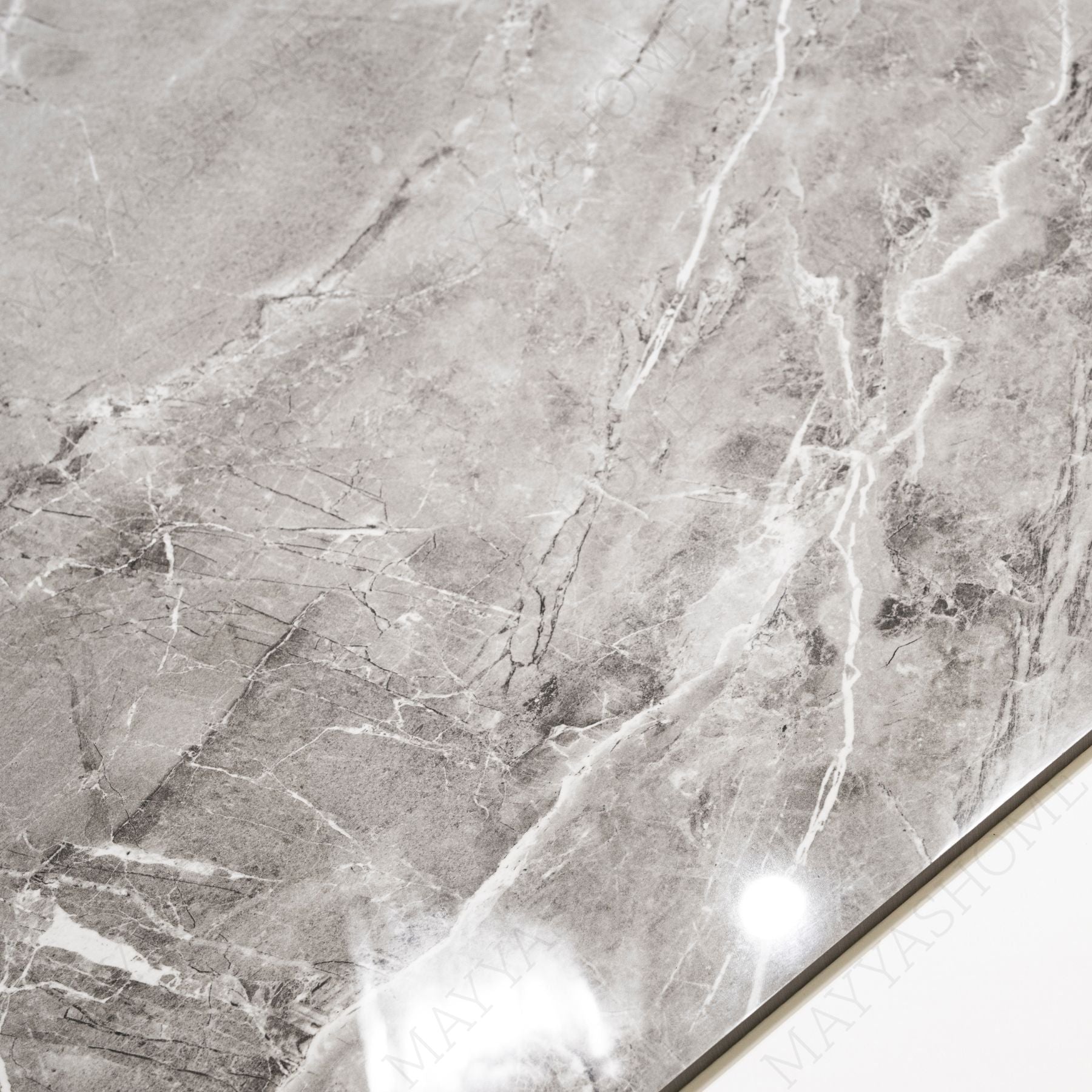 Opel Gris glossy porcelain tile 60x120cm with 9mm thickness features elegant grey tones, refined surface texture and luxurious polished finish.