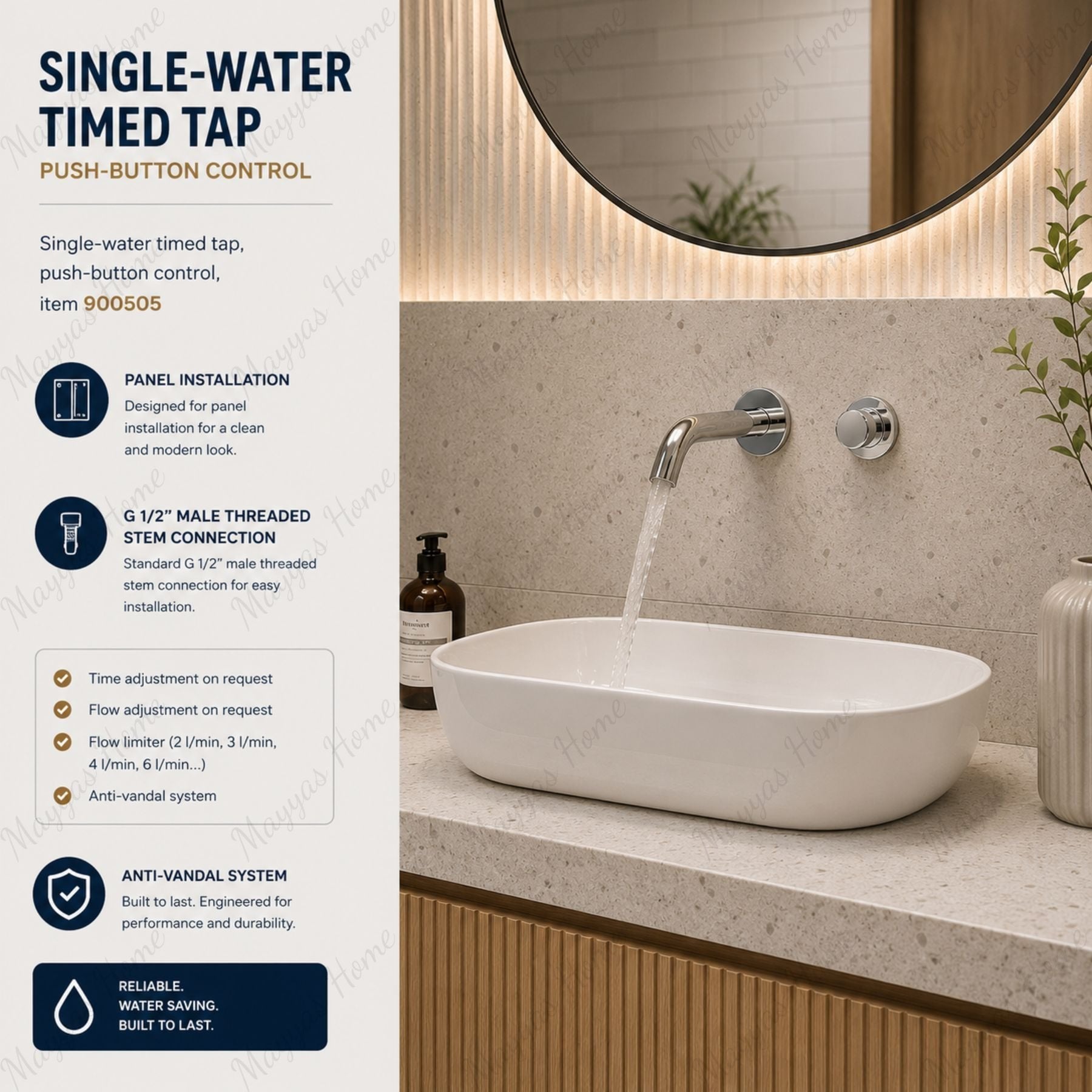 Panel-mounted single-water timed tap with push-button control, anti-vandal system and adjustable flow. Ideal for commercial and public washrooms in UAE.