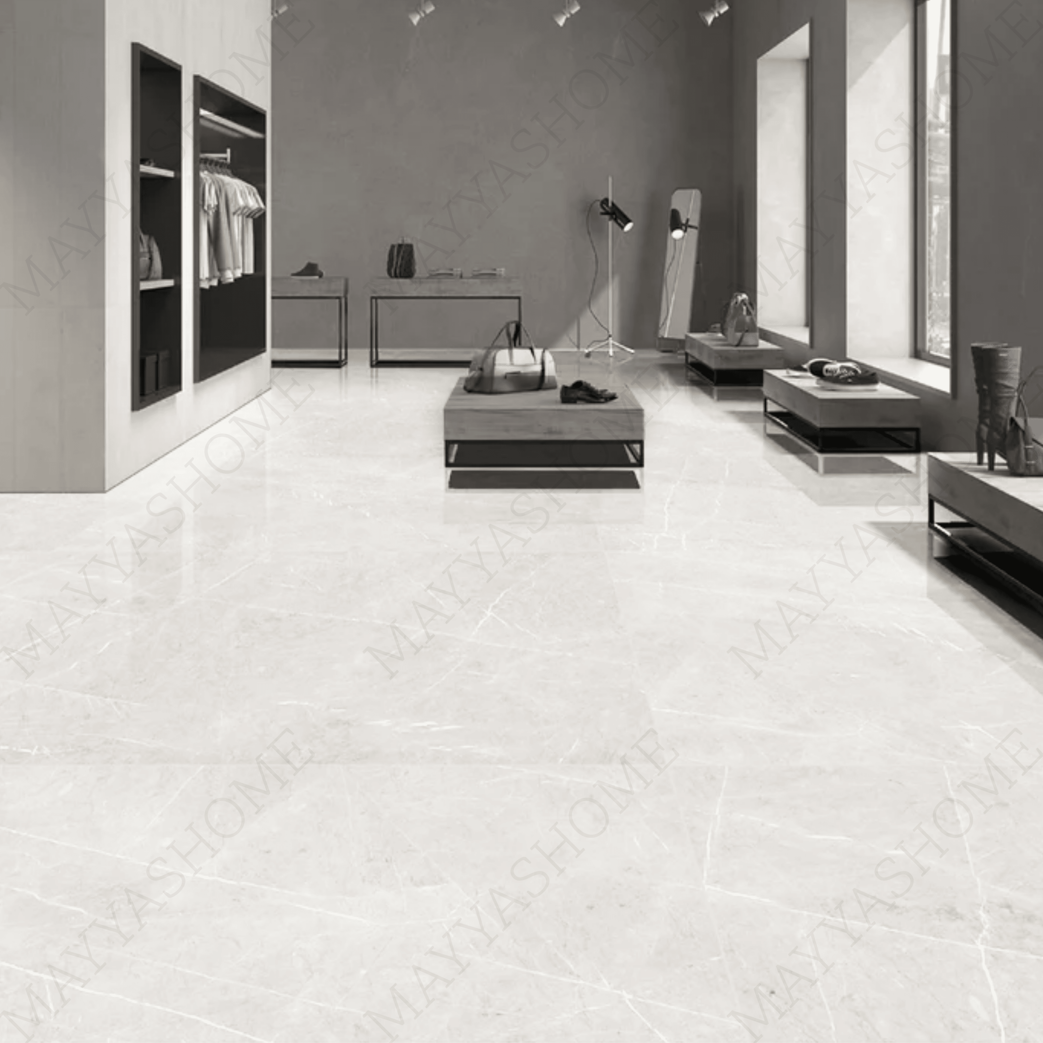 Pietra Bianco 120x278cm glossy porcelain tile. Elegant white slab with stone-inspired veining, 09mm thick, perfect for luxury walls & floors.