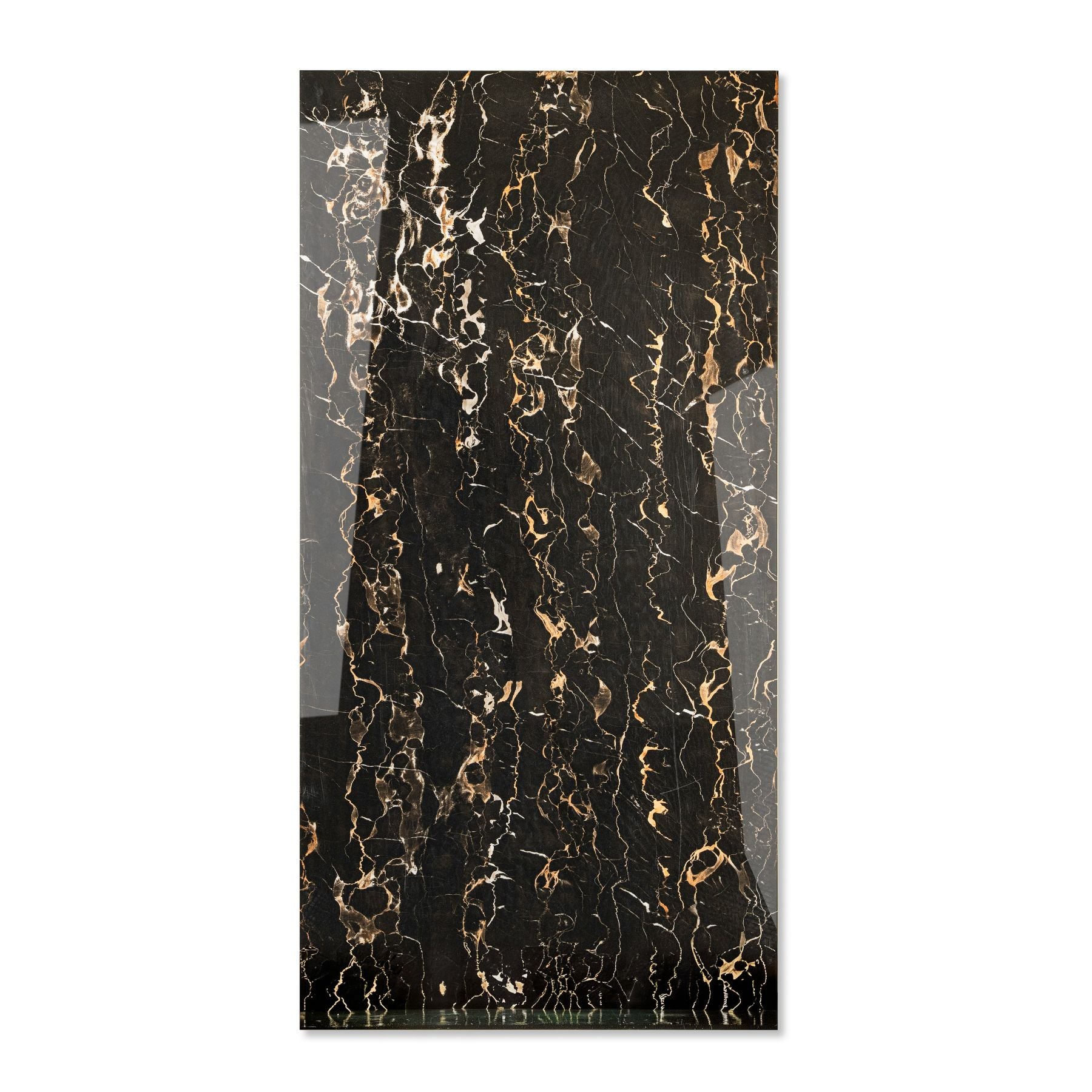 Portoro Gold glossy marble effect porcelain tile 60x120cm with 9mm thickness features black base with rich gold veining and polished finish.
