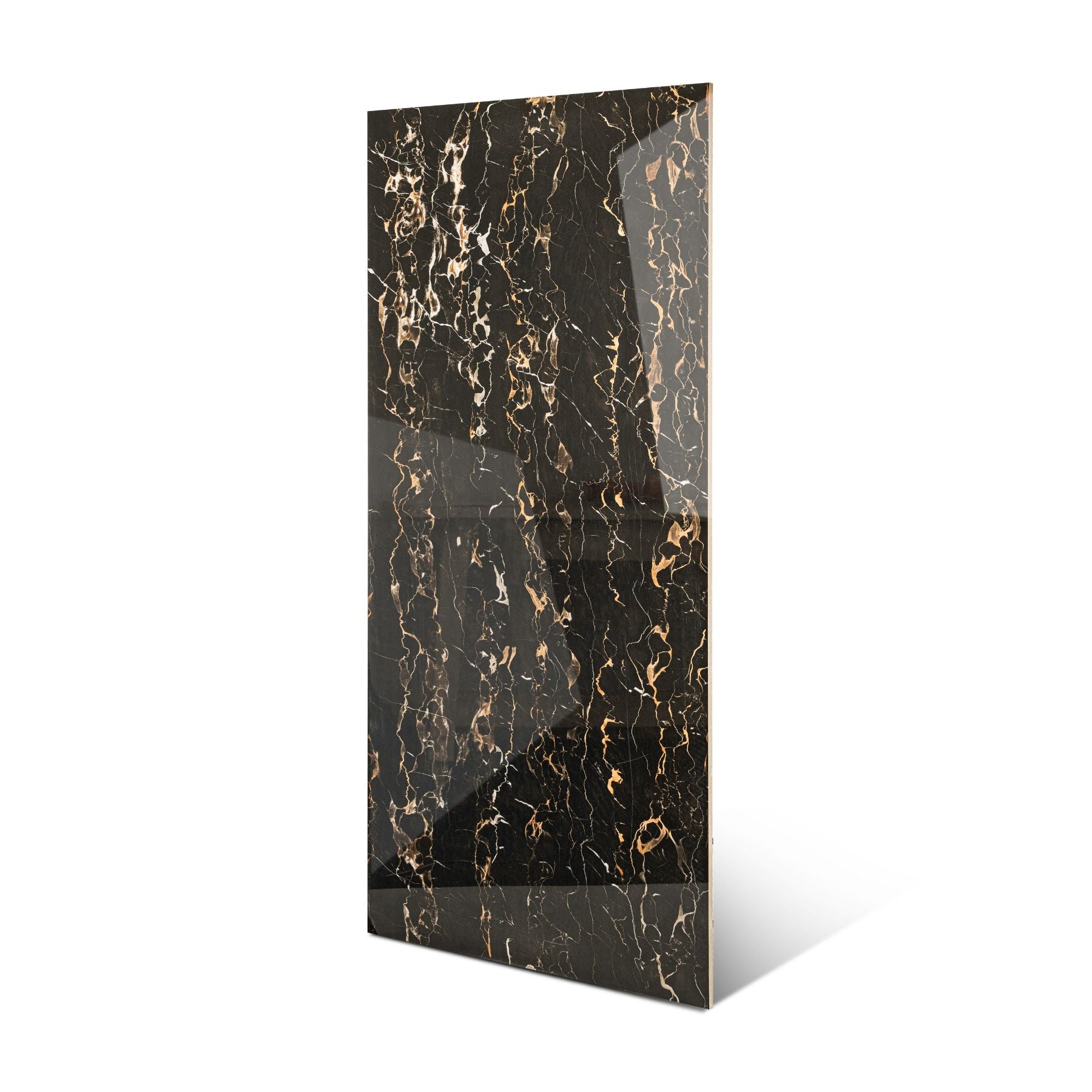 Portoro Gold glossy marble effect porcelain tile 60x120cm with 9mm thickness features black base with rich gold veining and polished finish.