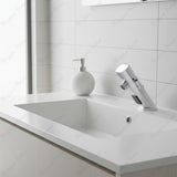 Premium battery-powered electronic basin mixer tap with above-counter installation, flexible hose connection and water-saving flow limiter technology.