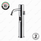 Premium battery-powered electronic basin mixer tap with extended body, modern above-counter installation and luxury finish options.