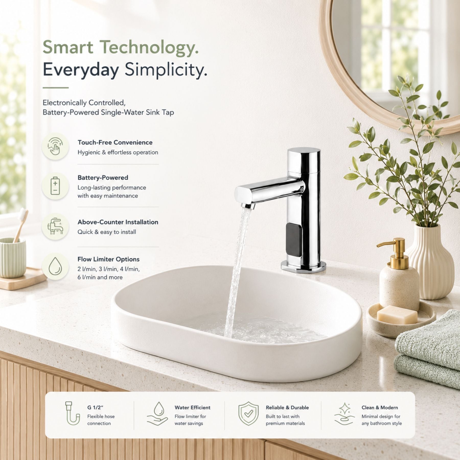 Premium battery-powered electronic single water sink tap with above-counter installation and adjustable water-saving flow limiter technology.