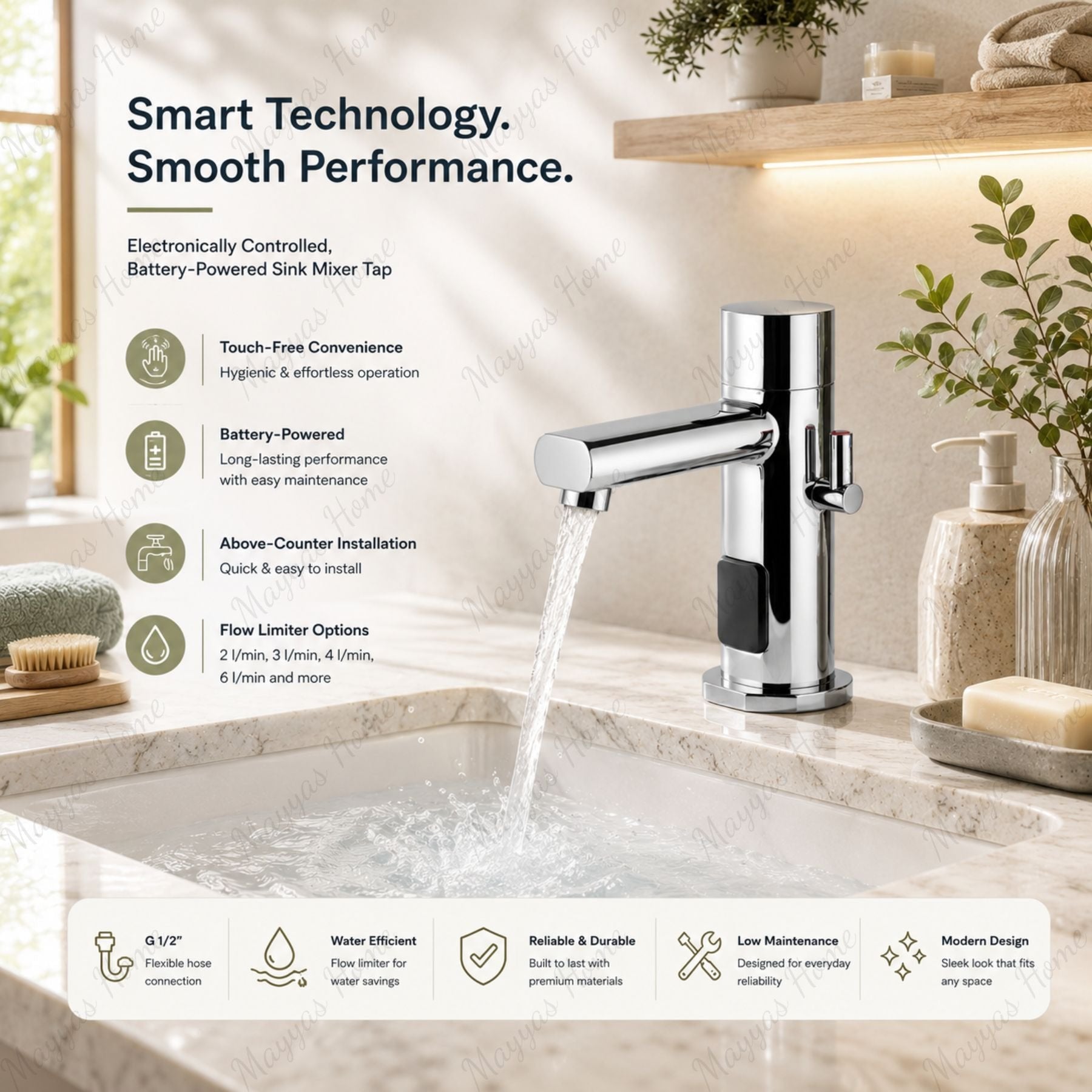 Premium battery-powered electronic sink mixer tap with above-counter installation and adjustable water-saving flow limiter technology.