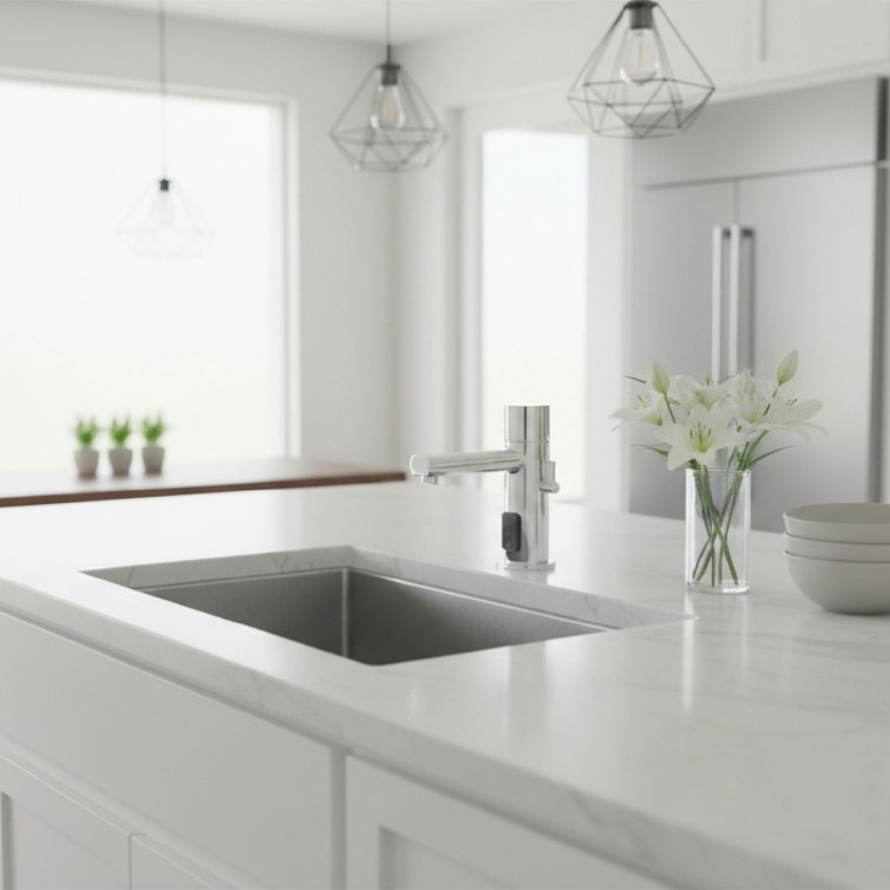 Premium battery-powered electronic sink mixer tap with above-counter installation and adjustable water-saving flow limiter technology.