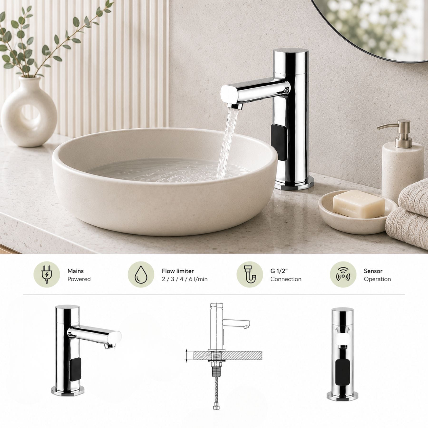 Premium electric-powered electronic single water sink tap with above-counter installation and adjustable water-saving flow limiter technology.