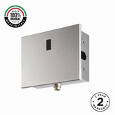 Premium electronic built-in toilet flush valve with battery powered operation, concealed installation and water-saving flow limiter technology.
