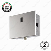 Premium electronic built-in toilet flush valve with battery powered operation, concealed installation and water-saving flow limiter technology.