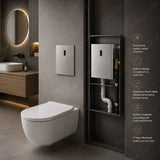 Premium mains-powered electronic flush valve with concealed built-in installation and water-saving flow limiter technology.