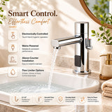 Premium mains-powered electronic sink mixer tap with above-counter installation and water-saving flow limiter technology.