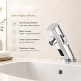 Premium mains-powered electronic sink mixer tap with above-counter installation, flexible hose connection and water-saving flow limiter technology.