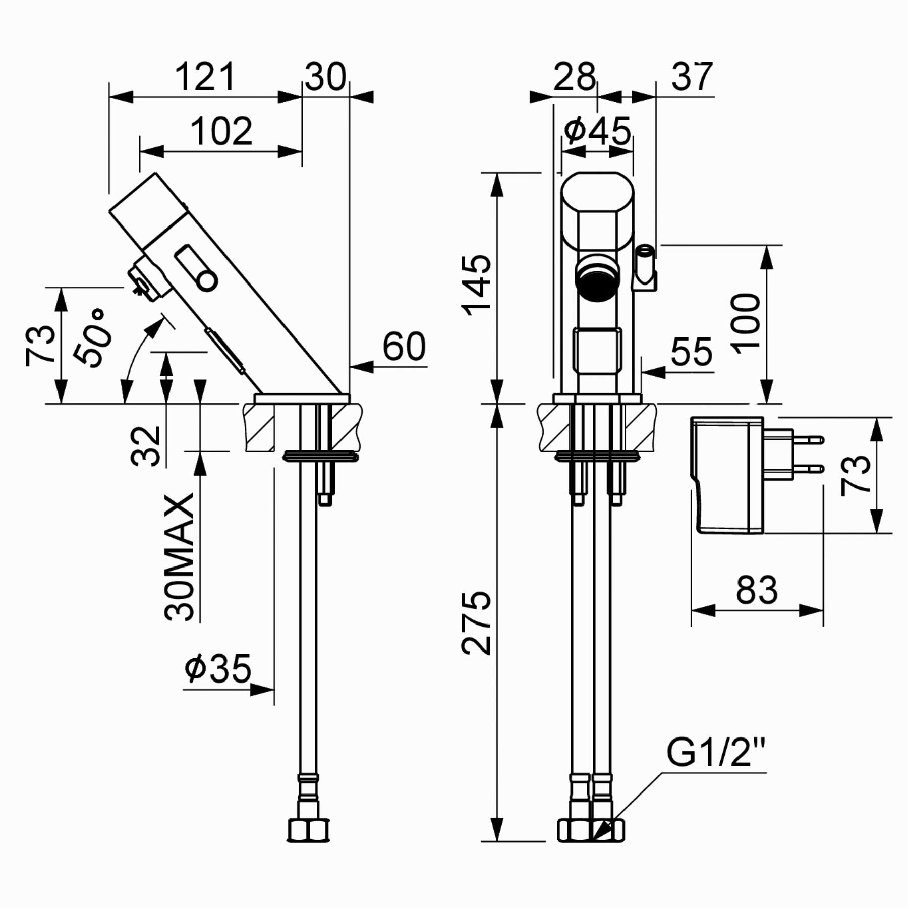 Premium mains-powered electronic sink mixer tap with above-counter installation, flexible hose connection and water-saving flow limiter technology.