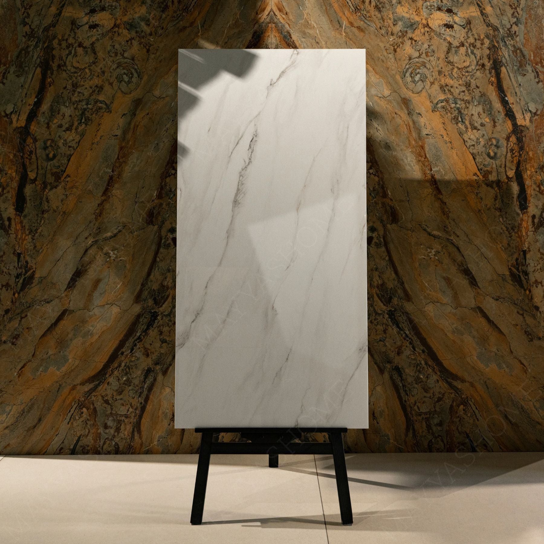 Ronda Brown glossy marble effect porcelain tile 60x120cm with 9mm thickness features warm brown tones, elegant veining and polished finish.