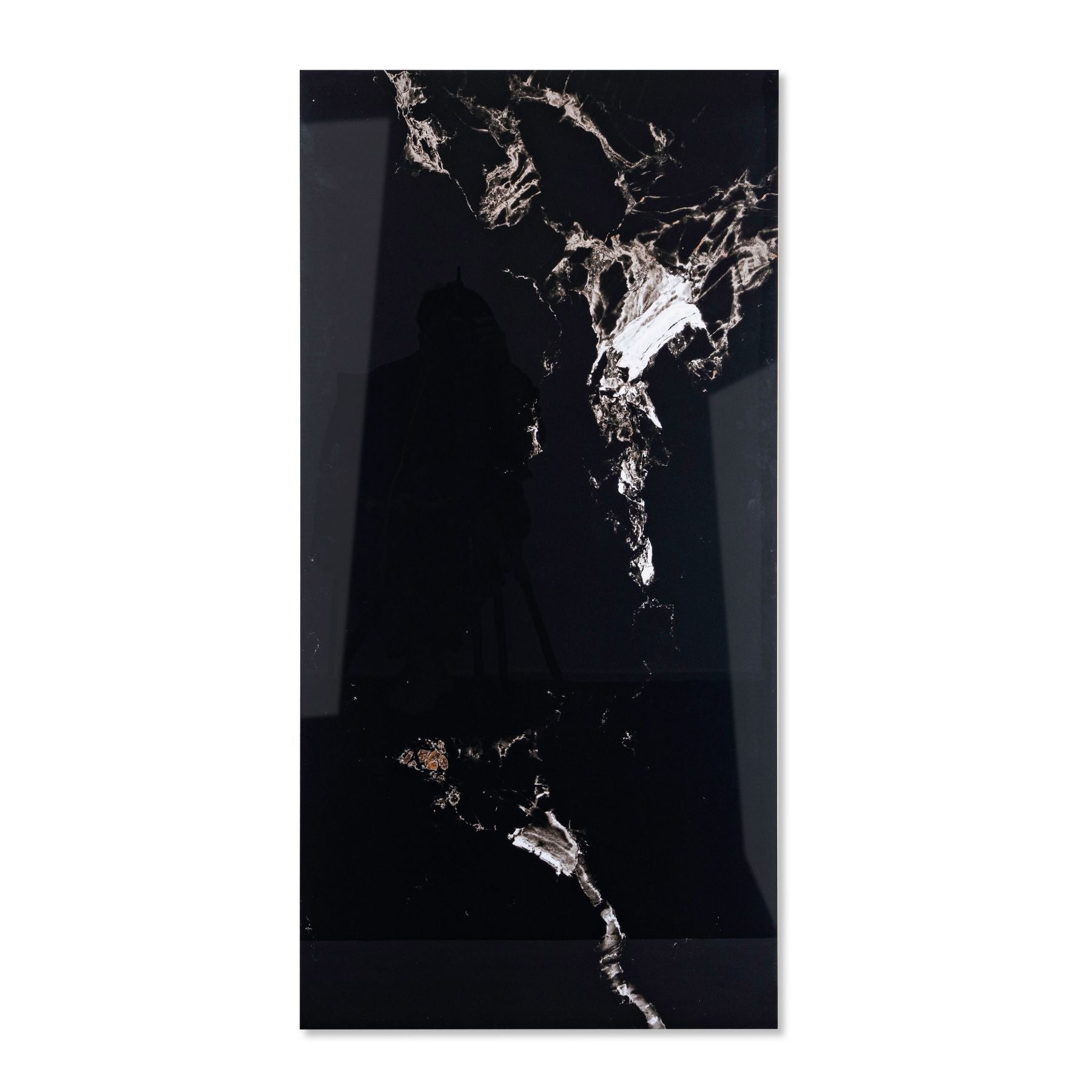 Roxy Black glossy marble effect porcelain tile 60x120cm with 9mm thickness features deep black base, soft grey veining and polished finish.