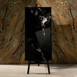 Roxy Black glossy marble effect porcelain tile 60x120cm with 9mm thickness features deep black base, soft grey veining and polished finish.