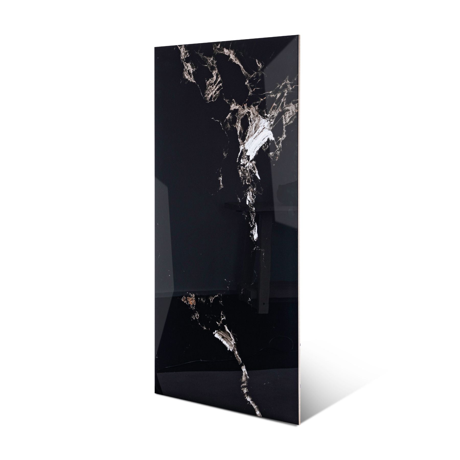 Roxy Black glossy marble effect porcelain tile 60x120cm with 9mm thickness features deep black base, soft grey veining and polished finish.