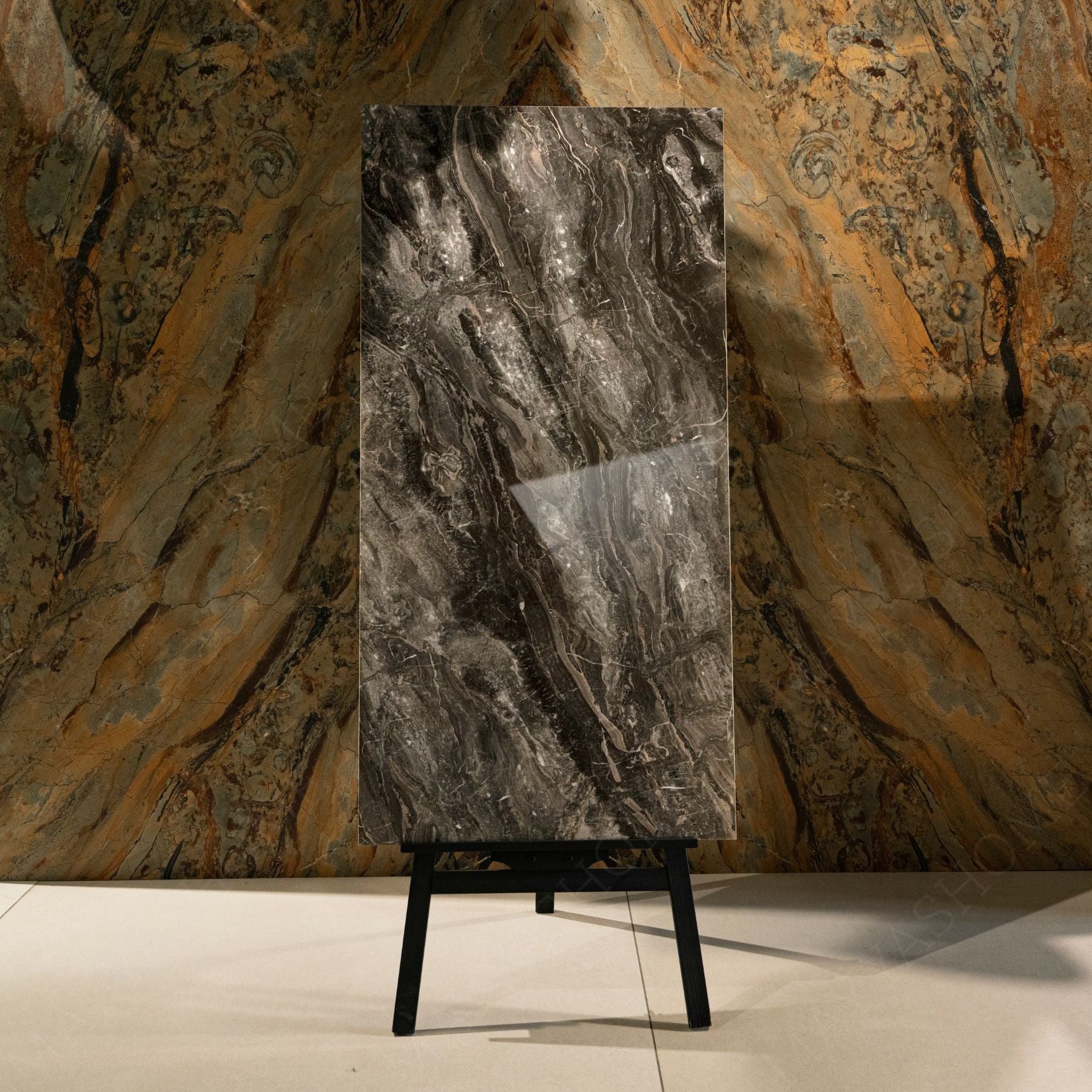 Royal Obsidian glossy porcelain tile 60x120cm with 9mm thickness features deep black tones, bold natural veining and elegant polished surface finish.