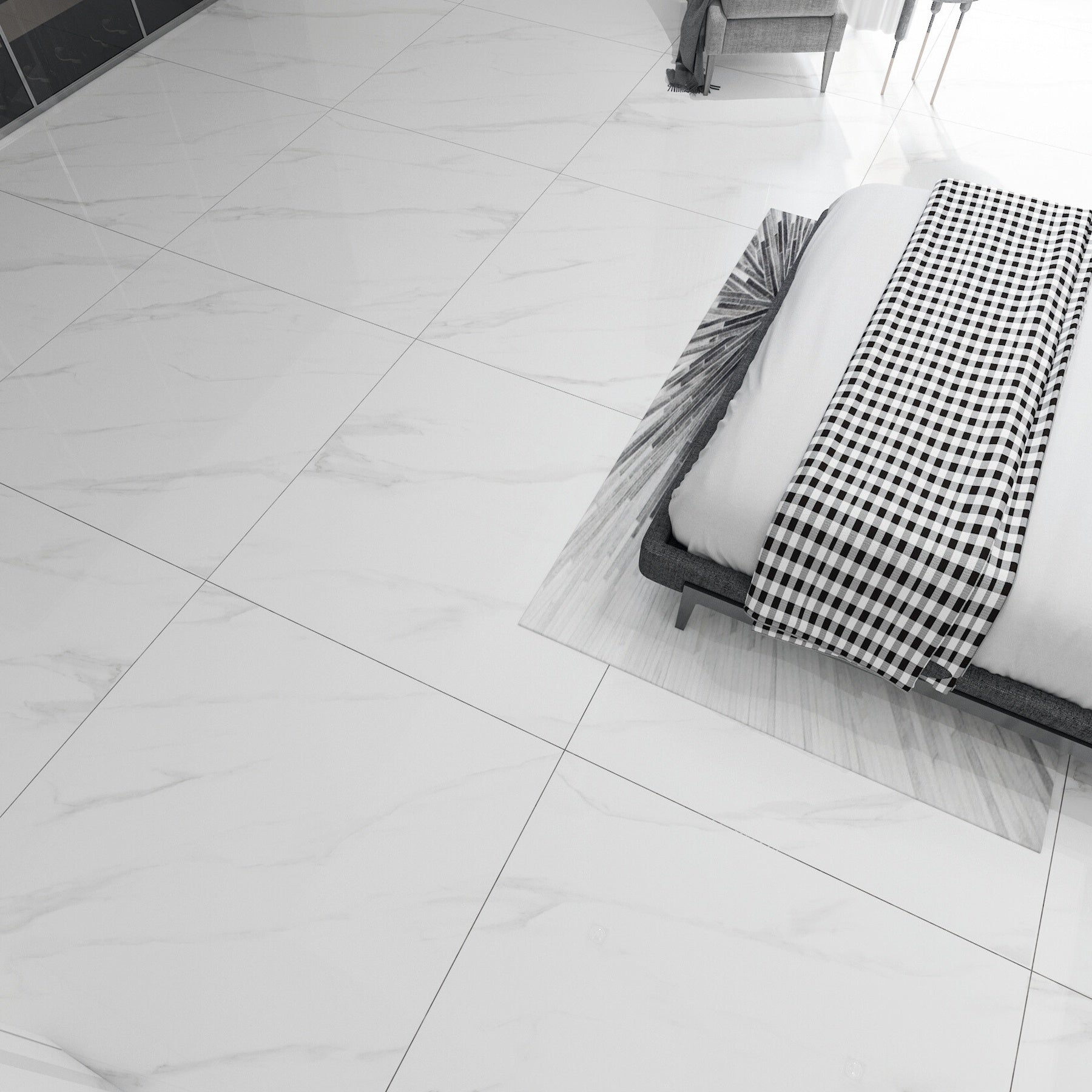 Shop STATUARIO ANGEL large format porcelain tiles (120x120cm) with a 9MM glossy finish and premium white marble effect. Durable, scratch-resistant, and easy to install. Perfect for luxurious interiors.