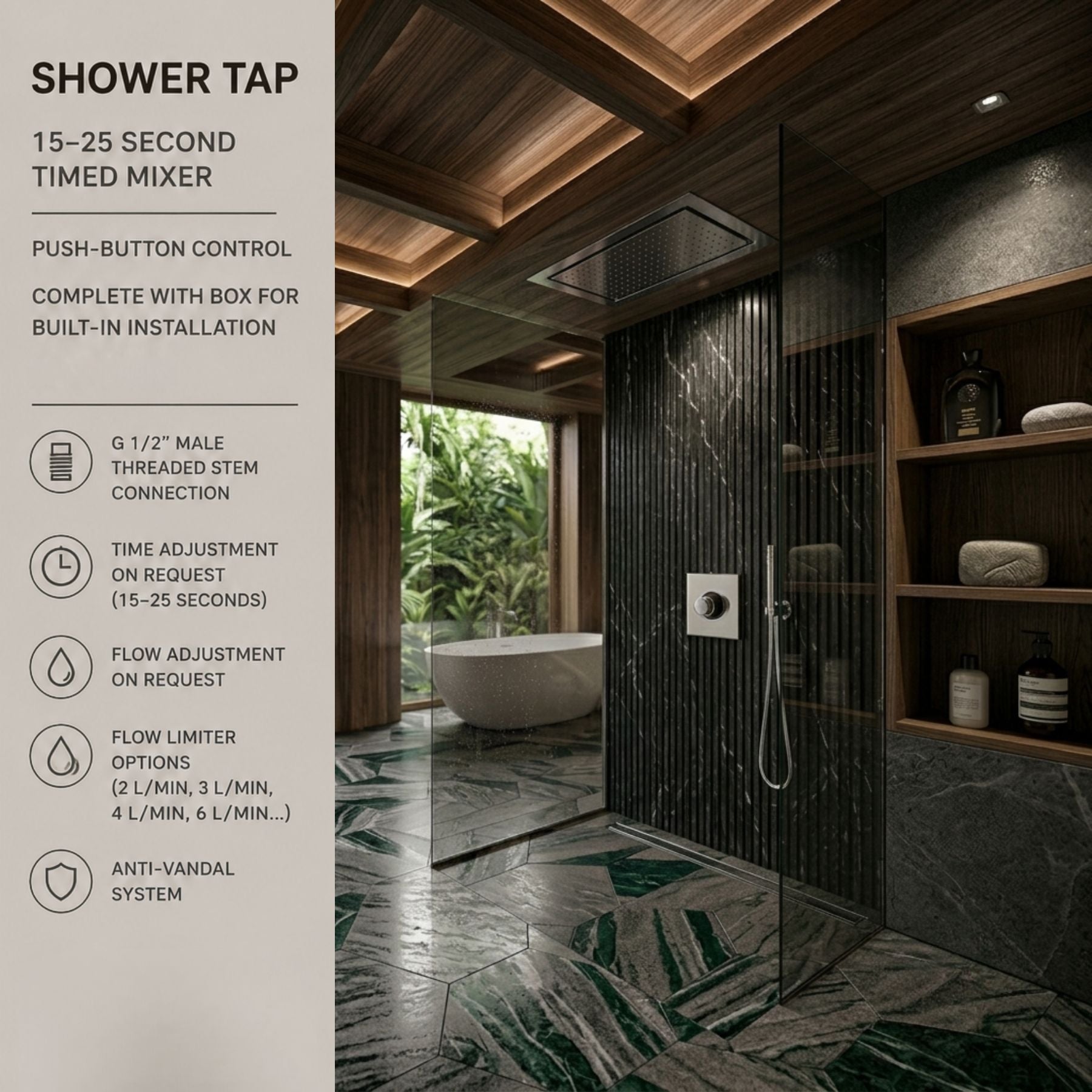 Single water built-in timed shower tap with 15–25 second push-button control, installation box and anti-vandal protection for commercial and public shower facilities.