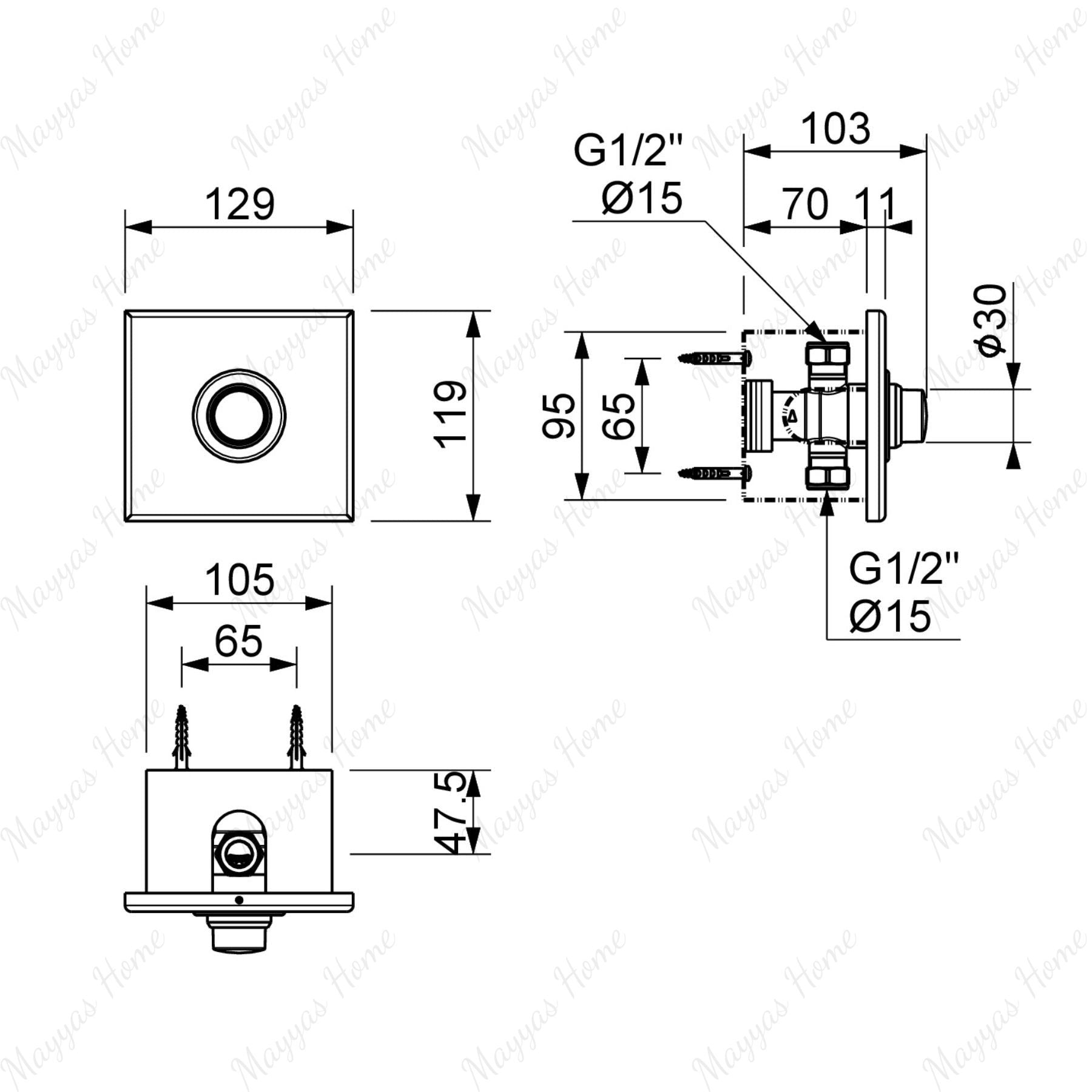 Single water built-in timed shower tap with 15–25 second push-button control, installation box and anti-vandal protection for commercial and public shower facilities.