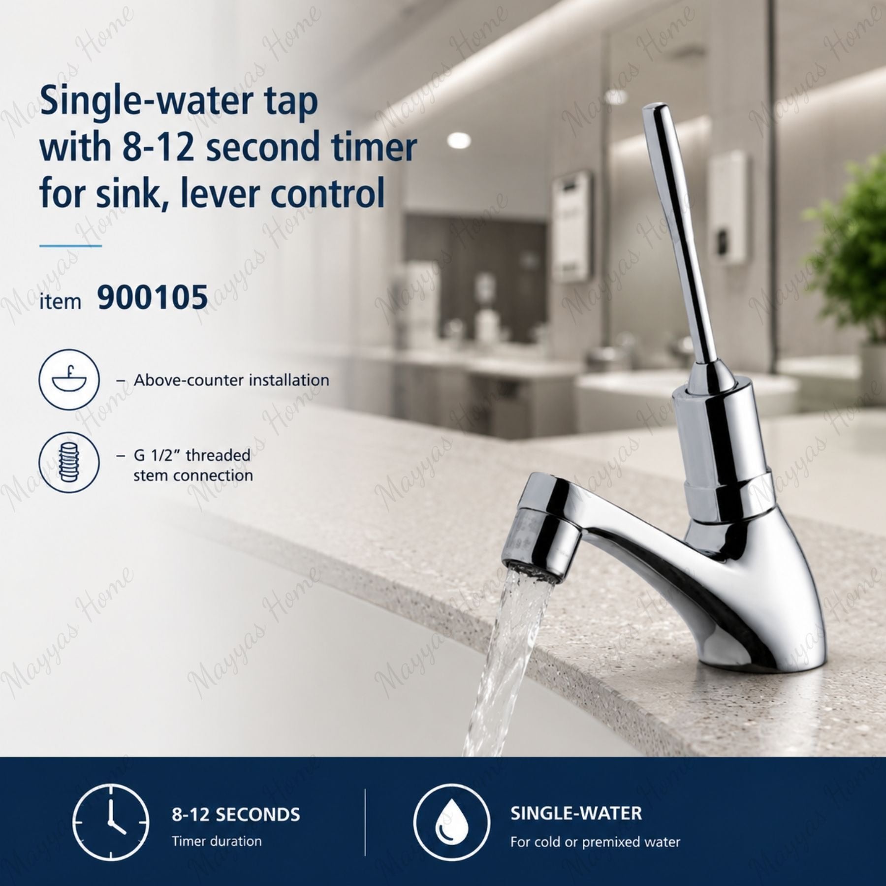 Single water timed sink tap featuring 8–12 second lever control operation and above-counter installation. Perfect for commercial, healthcare, and public washrooms across the UAE.