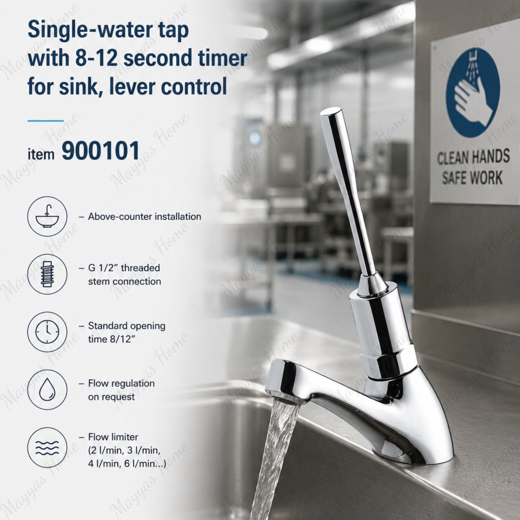 Single water timed sink tap with 8–12 second lever control, adjustable flow regulation and water-saving performance for UAE commercial and public washrooms.