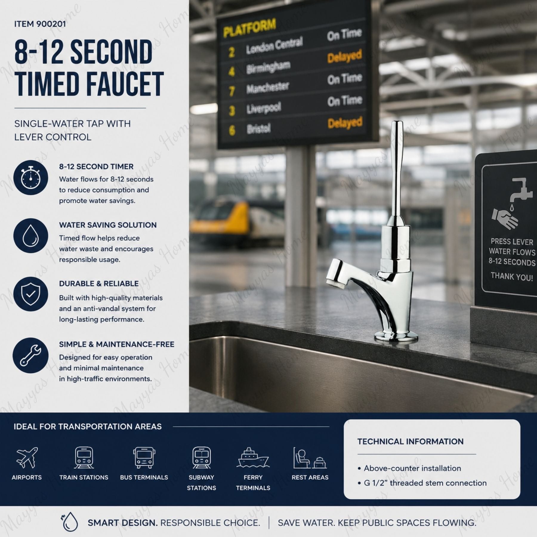 Single water timed sink tap with 8–12 second lever control and above-counter installation. Ideal for UAE commercial, healthcare and public washrooms in UAE.