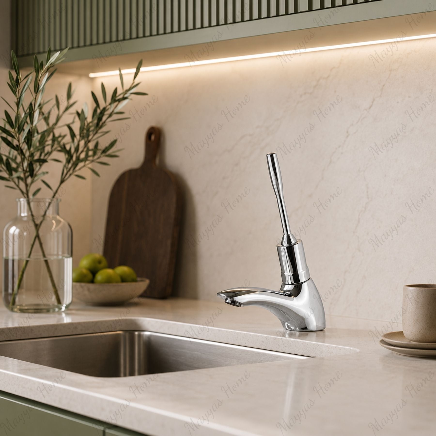 Single water timed sink tap with 8–12 second lever control, chrome finish and above-counter installation. Ideal for UAE commercial, healthcare and public washrooms.