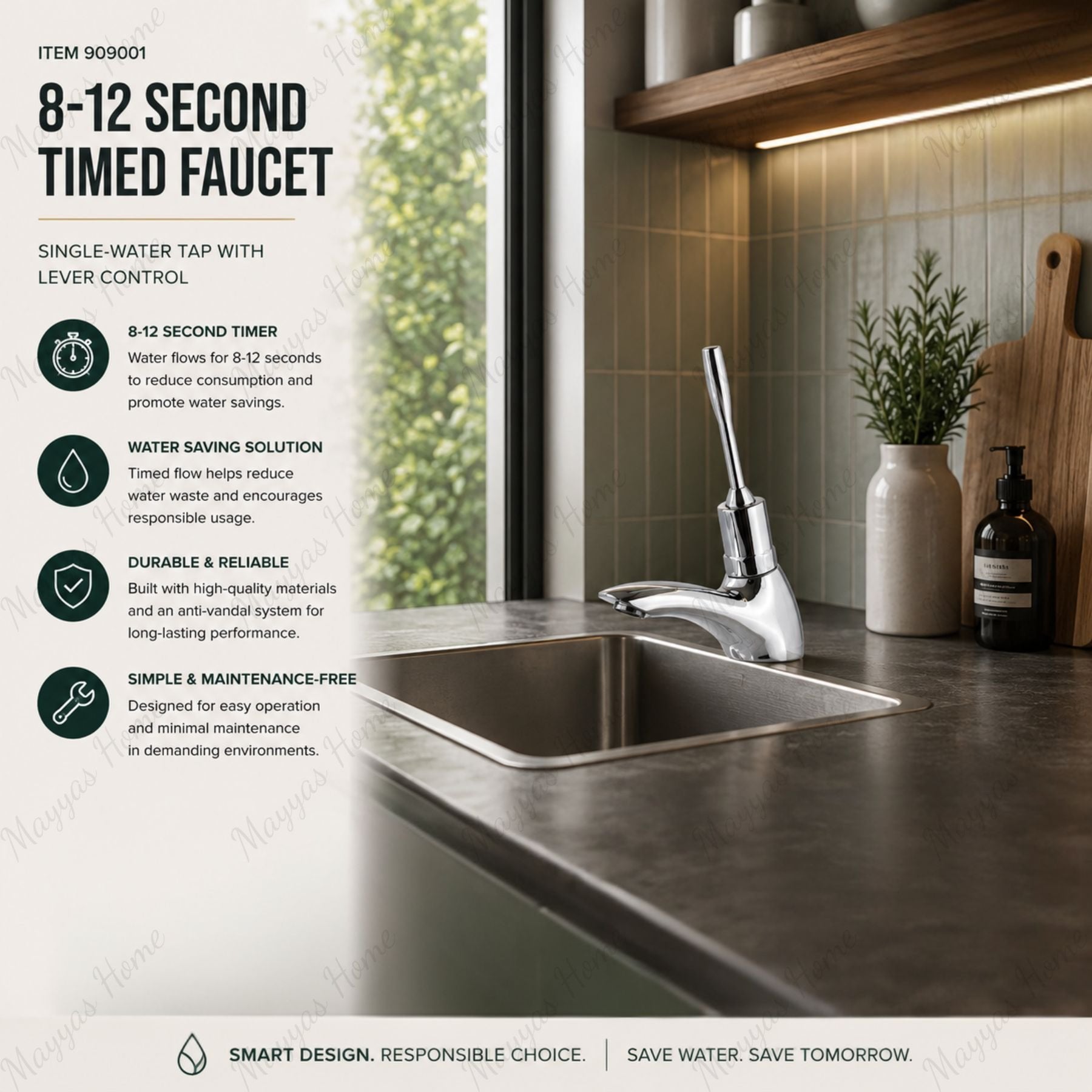 Single water timed sink tap with 8–12 second lever control, chrome finish and above-counter installation. Ideal for UAE commercial, healthcare and public washrooms.