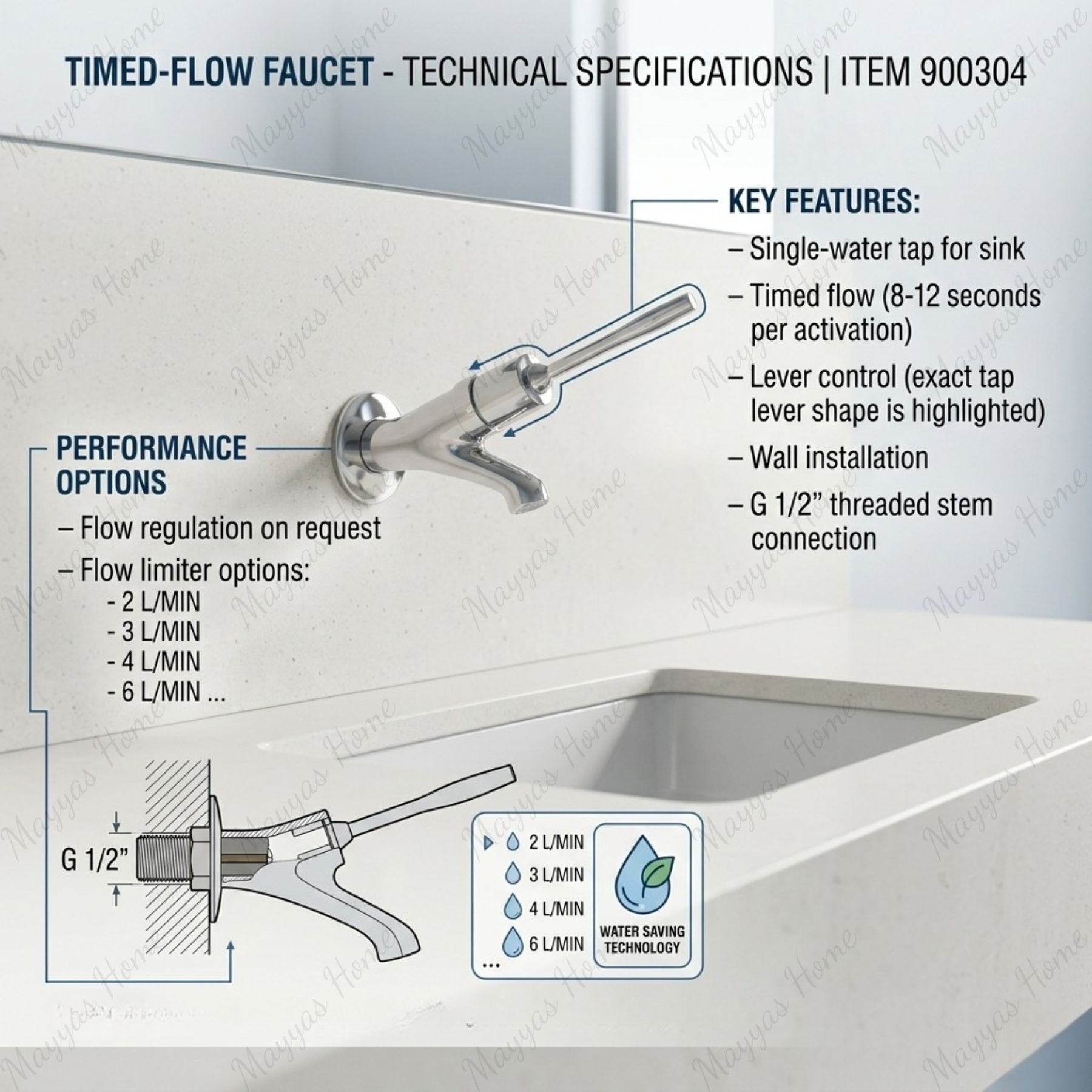 Single water timed sink tap with 8–12 second lever control, wall-mounted installation and flow limiter options. Ideal for UAE commercial washrooms.