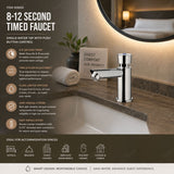 Single water timed sink tap with 8–12 second push-button control, anti-vandal protection and multiple finishes. Ideal for UAE commercial and public washrooms.