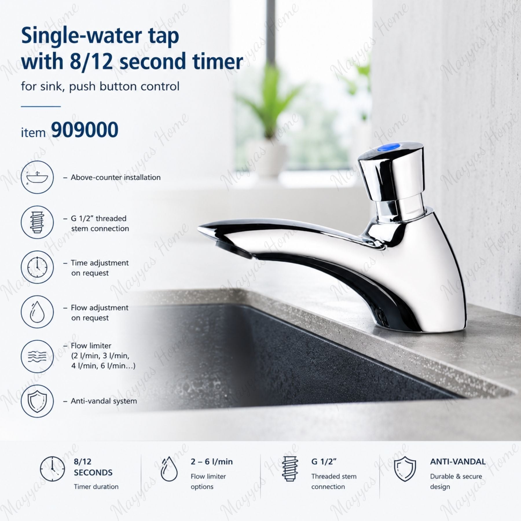 Single water timed sink tap with 8–12 second push-button control, anti-vandal protection and water-saving design. Ideal for UAE commercial washrooms.