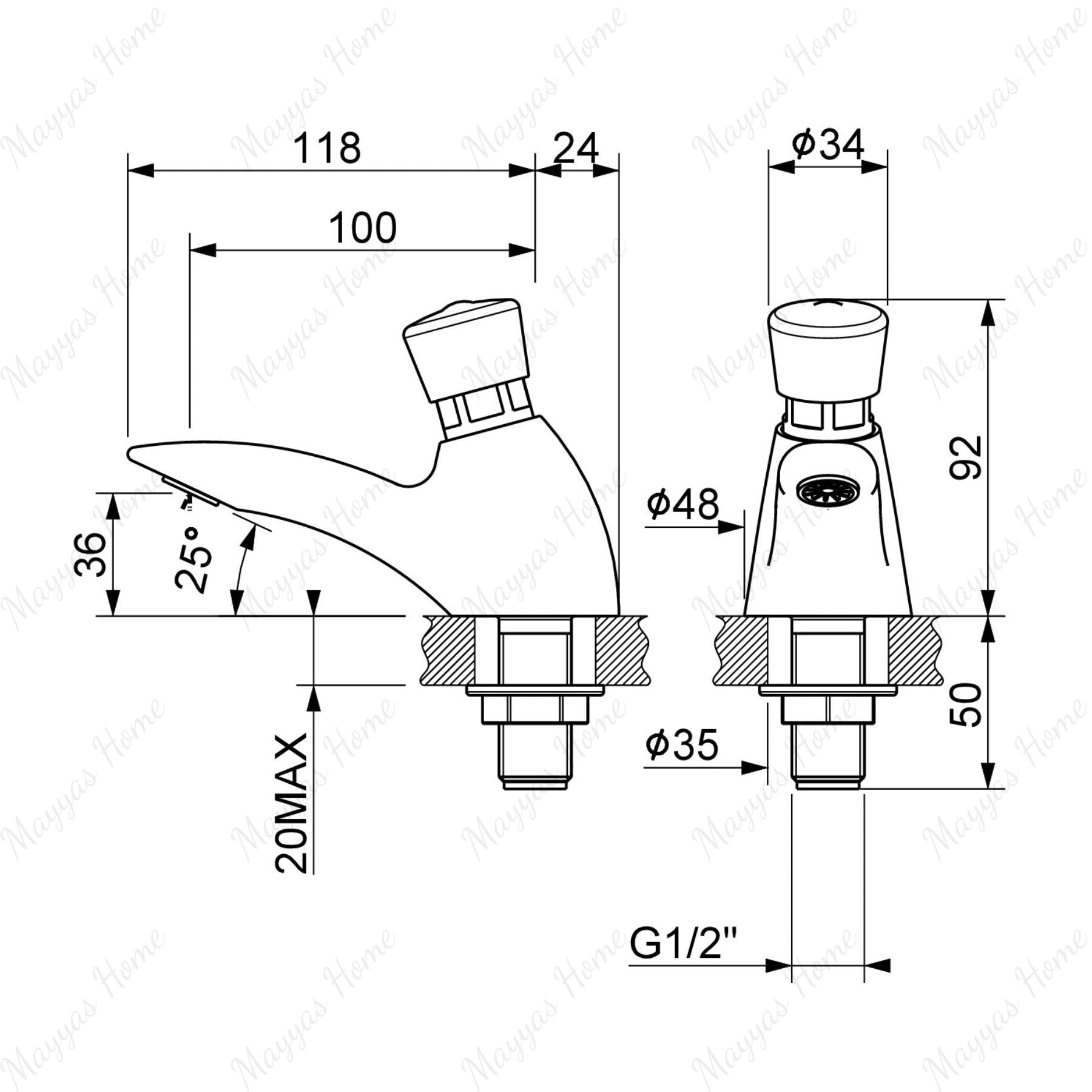 Single water timed sink tap with 8–12 second push-button control, anti-vandal protection and water-saving design. Ideal for UAE commercial washrooms.