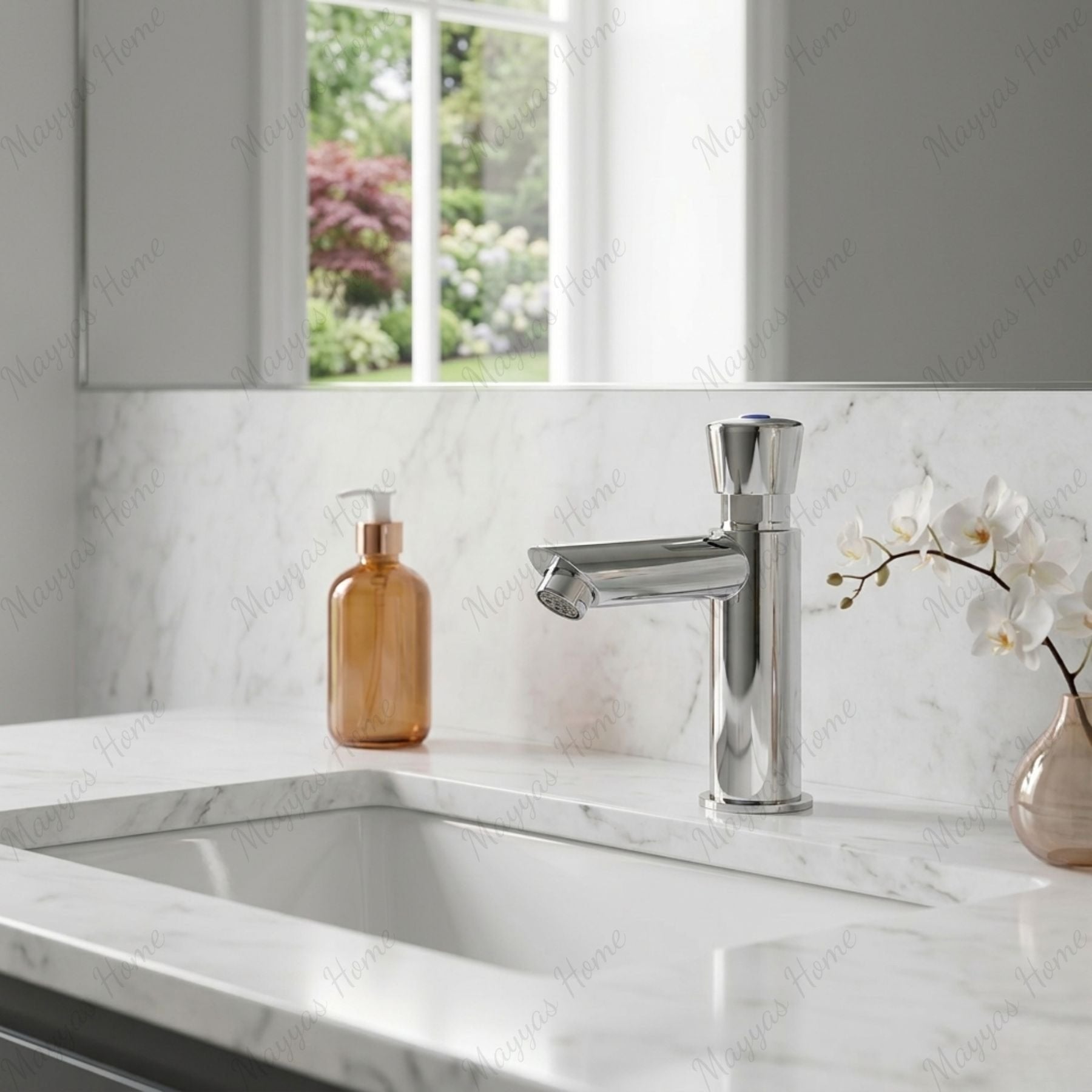 Single water timed sink tap with 8–12 second push-button control, anti-vandal protection and water-saving flow options. Ideal for UAE commercial and public washrooms.