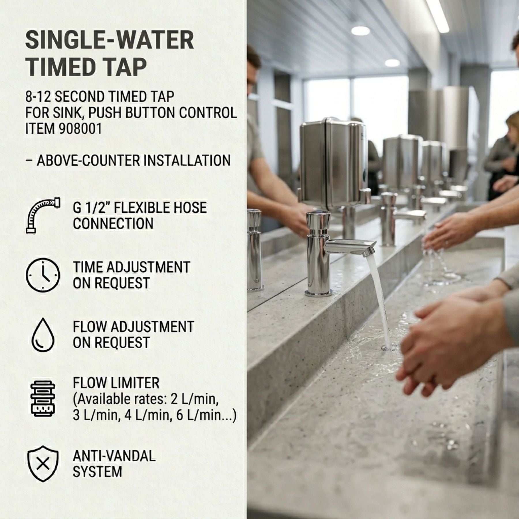 Single water timed sink tap with 8–12 second push-button control, anti-vandal protection and water-saving flow options. Ideal for UAE commercial and public washrooms.