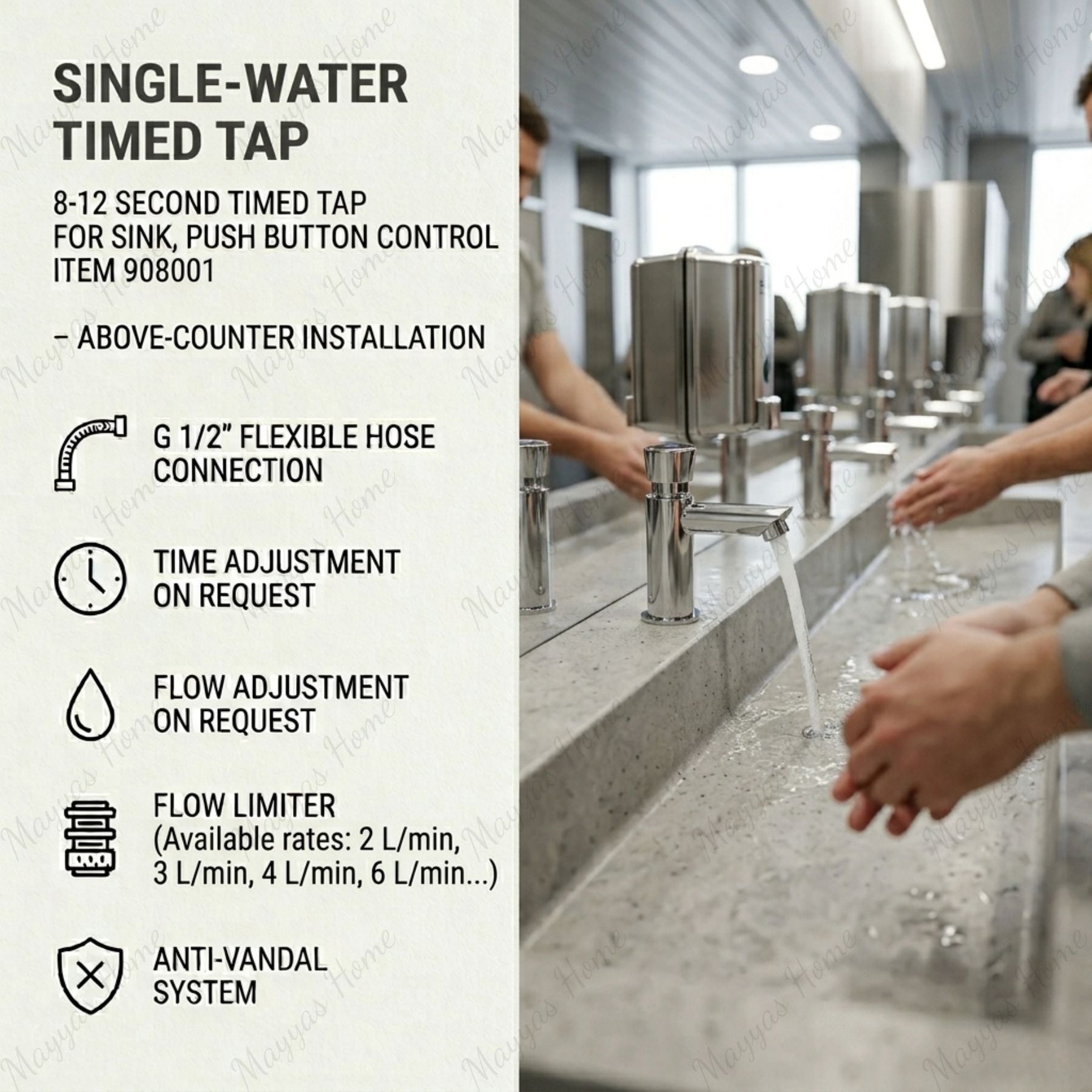 Single water timed sink tap with 8–12 second push-button control, anti-vandal protection and water-saving flow options. Ideal for UAE commercial and public washrooms.