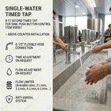 Single water timed sink tap with 8–12 second push-button control, anti-vandal protection and water-saving flow options. Ideal for UAE commercial and public washrooms.