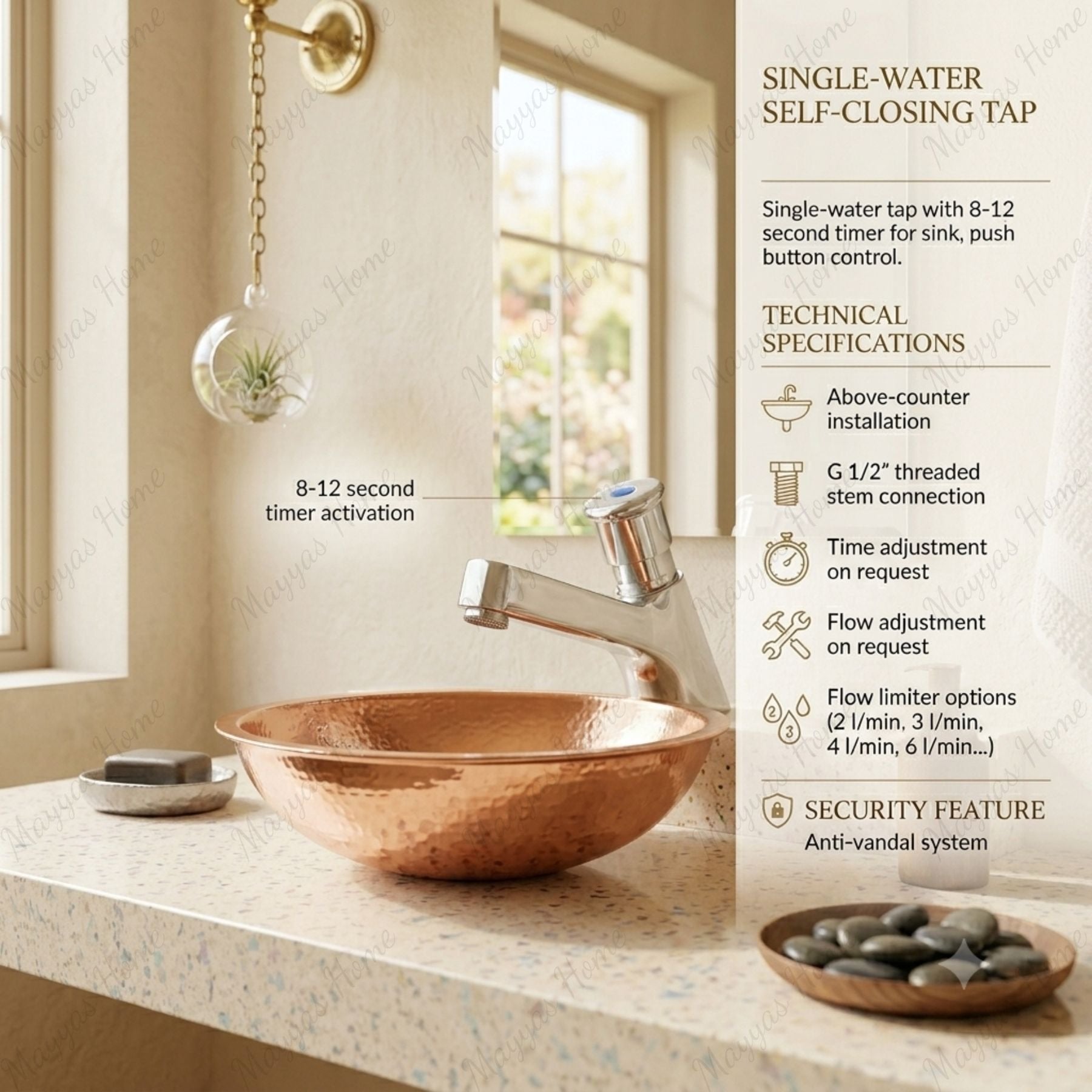 Single water timed sink tap with 8–12 second push-button operation, anti-vandal protection, adjustable flow, and water-saving performance for UAE washrooms.