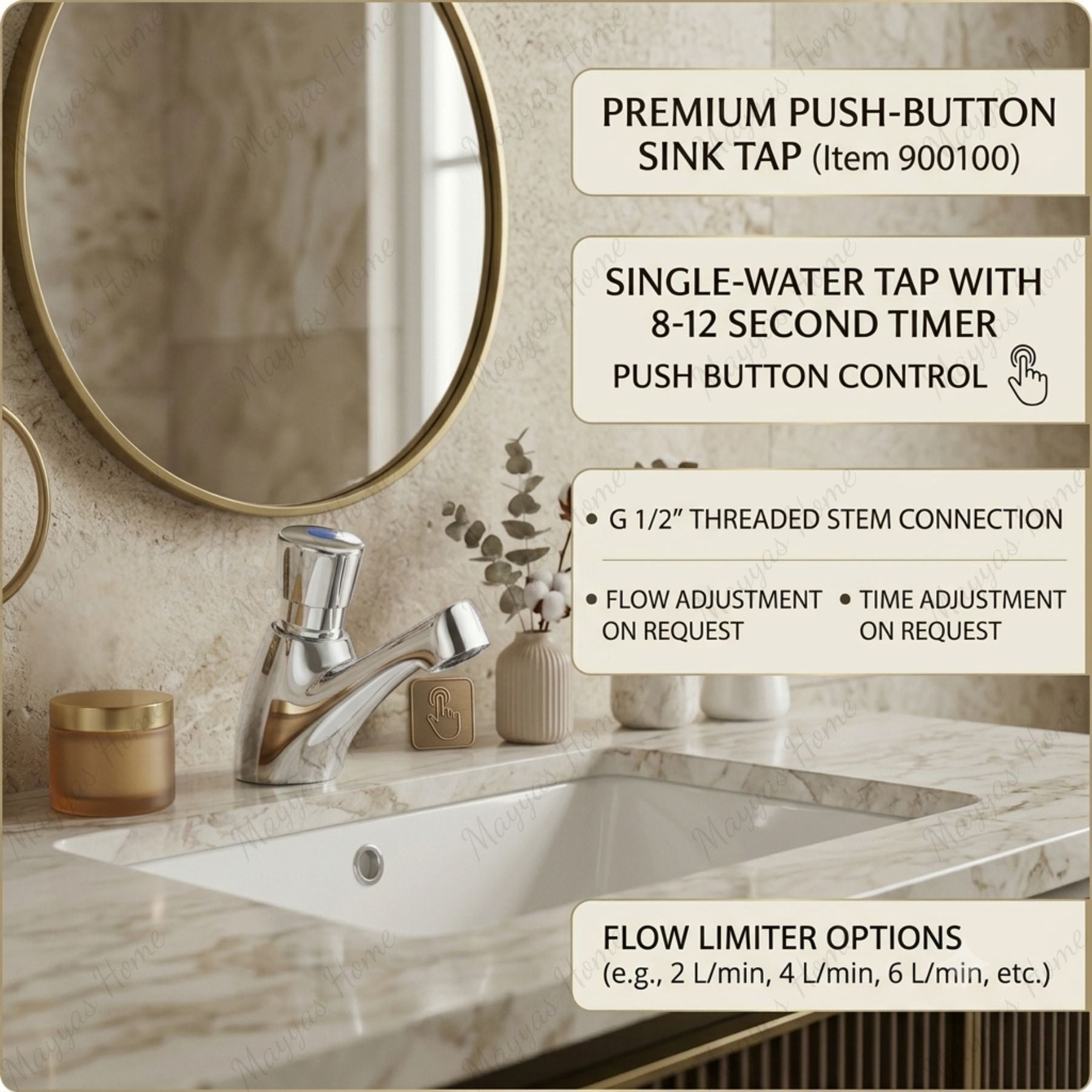 Single water timed sink tap with 8–12 second push-button operation, anti-vandal protection, and adjustable flow options for UAE commercial washrooms.